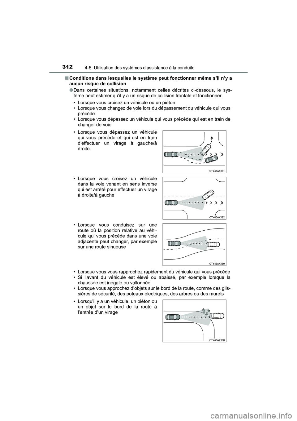 TOYOTA PRIUS 2019 Manuel du propriétaire (in French) 312
PRIUS_OM_OM47C35D_(D)
4-5. Utilisation des systèmes d’assistance à la conduite
■Conditions dans lesquelles le système peut fonctionner même s’il n’y a
aucun risque de collision
●Dans TOYOTA PRIUS 2019 Manuel du propriétaire (in French) 312
PRIUS_OM_OM47C35D_(D)
4-5. Utilisation des systèmes d’assistance à la conduite
■Conditions dans lesquelles le système peut fonctionner même s’il n’y a
aucun risque de collision
●Dans