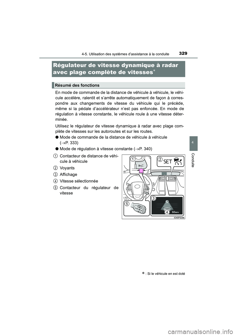 TOYOTA PRIUS 2019  Manuel du propriétaire (in French) 329
PRIUS_OM_OM47C35D_(D)
4-5. Utilisation des systèmes d’assistance à la conduite
4
Conduite
Régulateur de vitesse dynamique à radar
avec plage complète de vitesses

En mode de comman