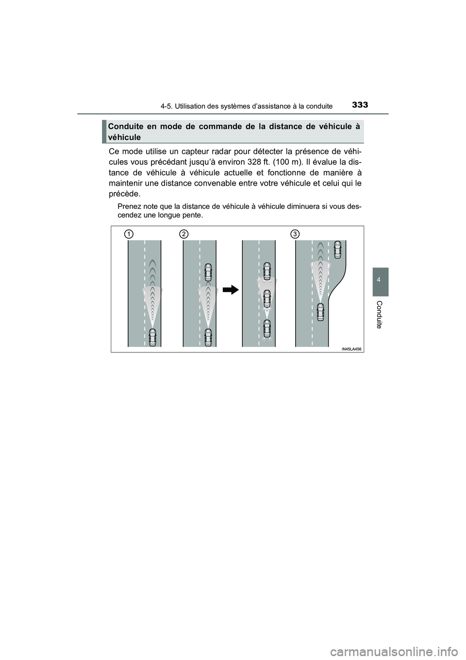 TOYOTA PRIUS 2019  Manuel du propriétaire (in French) PRIUS_OM_OM47C35D_(D)
3334-5. Utilisation des systèmes d’assistance à la conduite
4
Conduite
Ce mode utilise un capteur radar pour détecter la présence de véhi-
cules vous précédant jusqu’