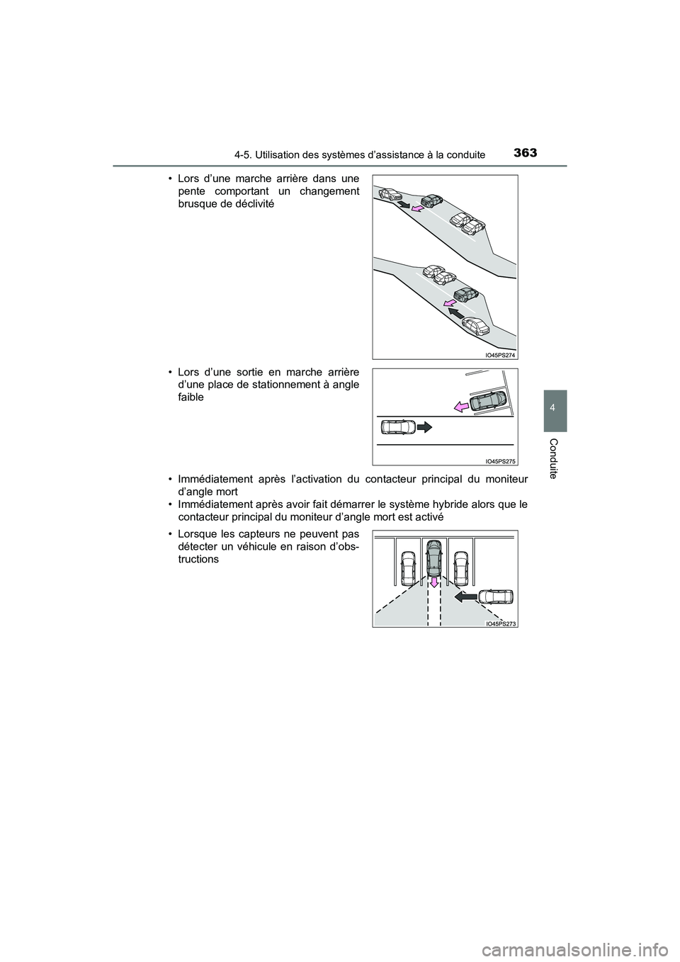 TOYOTA PRIUS 2019 Manuel du propriétaire (in French) PRIUS_OM_OM47C35D_(D)
3634-5. Utilisation des systèmes d’assistance à la conduite
4
Conduite
• Immédiatement après l’activation du contacteur principal du moniteurd’angle mort
• Immédia TOYOTA PRIUS 2019 Manuel du propriétaire (in French) PRIUS_OM_OM47C35D_(D)
3634-5. Utilisation des systèmes d’assistance à la conduite
4
Conduite
• Immédiatement après l’activation du contacteur principal du moniteurd’angle mort
• Immédia