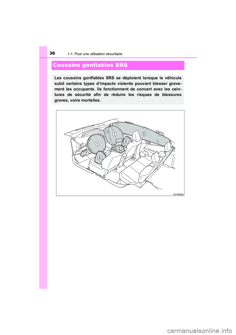TOYOTA PRIUS 2019  Manuel du propriétaire (in French) 361-1. Pour une utilisation sécuritaire
PRIUS_OM_OM47C35D_(D)
Coussins gonflables SRS
Les coussins gonflables SRS se déploient lorsque le véhicule
subit certains types d’impacts violents pouvant 