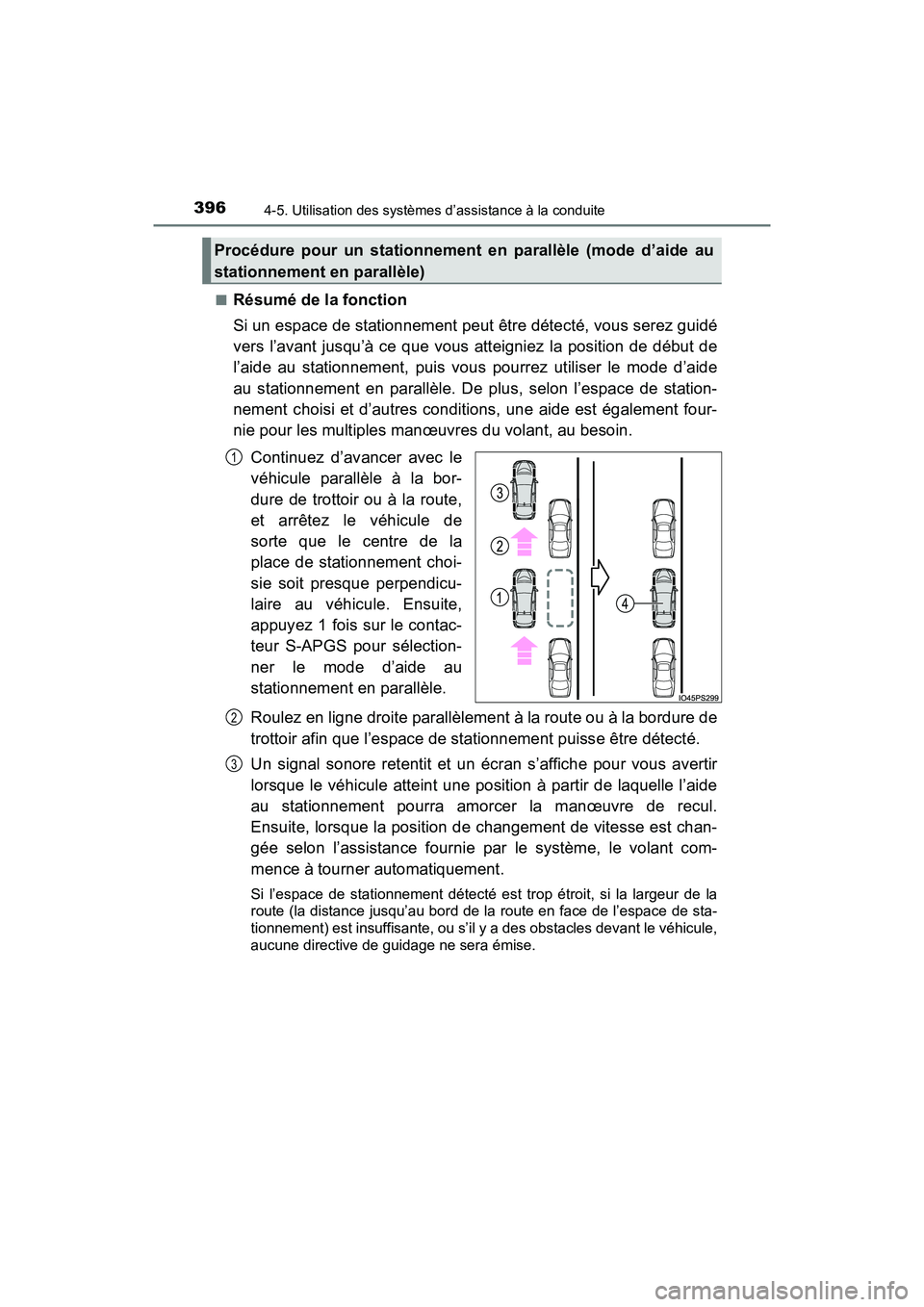 TOYOTA PRIUS 2019 Manuel du propriétaire (in French) 396
PRIUS_OM_OM47C35D_(D)
4-5. Utilisation des systèmes d’assistance à la conduite
■Résumé de la fonction
Si un espace de stationnement peut être détecté, vous serez guidé
vers l’avant j TOYOTA PRIUS 2019 Manuel du propriétaire (in French) 396
PRIUS_OM_OM47C35D_(D)
4-5. Utilisation des systèmes d’assistance à la conduite
■Résumé de la fonction
Si un espace de stationnement peut être détecté, vous serez guidé
vers l’avant j