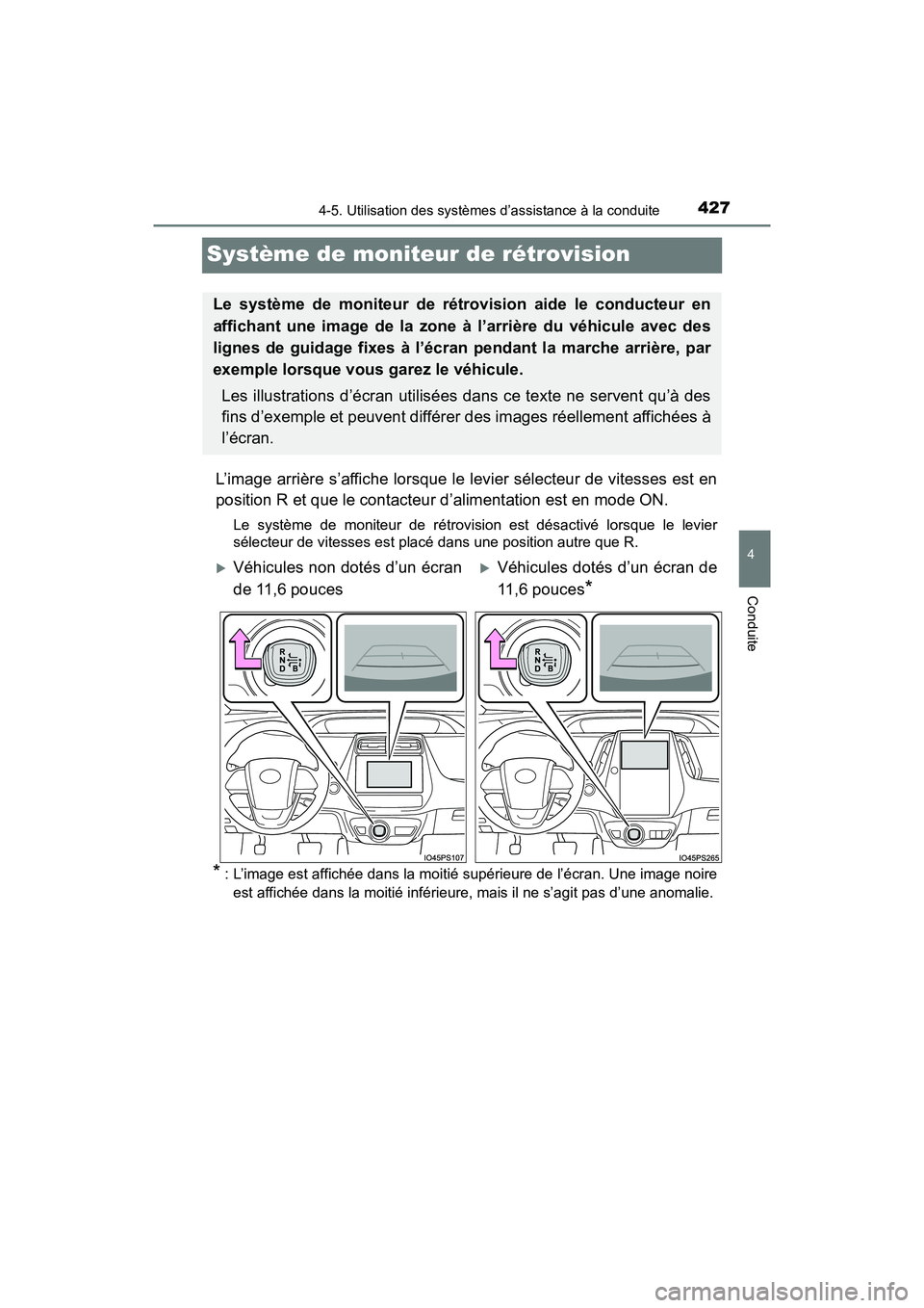 TOYOTA PRIUS 2019  Manuel du propriétaire (in French) 427
PRIUS_OM_OM47C35D_(D)
4-5. Utilisation des systèmes d’assistance à la conduite
4
Conduite
Système de moniteur de rétrovision
L’image arrière s’affiche lorsque le levier sélecteur de vi