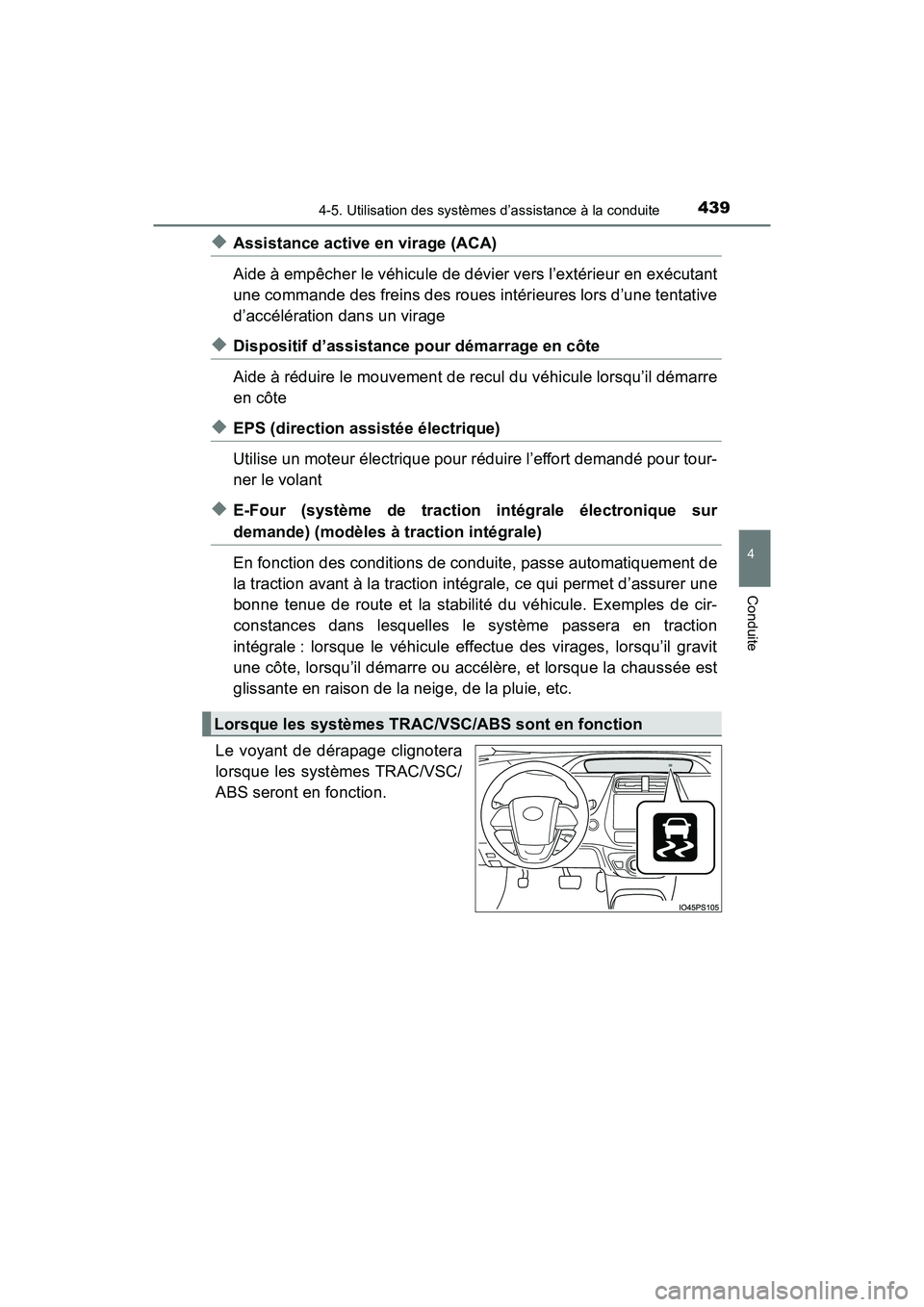 TOYOTA PRIUS 2019 Manuel du propriétaire (in French) PRIUS_OM_OM47C35D_(D)
4394-5. Utilisation des systèmes d’assistance à la conduite
4
Conduite
◆Assistance active en virage (ACA)
Aide à empêcher le véhicule de dévier vers l’extérieur en e TOYOTA PRIUS 2019 Manuel du propriétaire (in French) PRIUS_OM_OM47C35D_(D)
4394-5. Utilisation des systèmes d’assistance à la conduite
4
Conduite
◆Assistance active en virage (ACA)
Aide à empêcher le véhicule de dévier vers l’extérieur en e