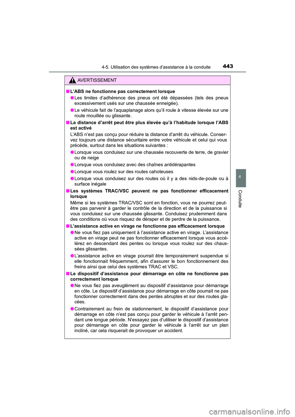 TOYOTA PRIUS 2019 Manuel du propriétaire (in French) PRIUS_OM_OM47C35D_(D)
4434-5. Utilisation des systèmes d’assistance à la conduite
4
Conduite
AVERTISSEMENT
■L’ABS ne fonctionne pas correctement lorsque
●Les limites d’adhérence des pneus TOYOTA PRIUS 2019 Manuel du propriétaire (in French) PRIUS_OM_OM47C35D_(D)
4434-5. Utilisation des systèmes d’assistance à la conduite
4
Conduite
AVERTISSEMENT
■L’ABS ne fonctionne pas correctement lorsque
●Les limites d’adhérence des pneus