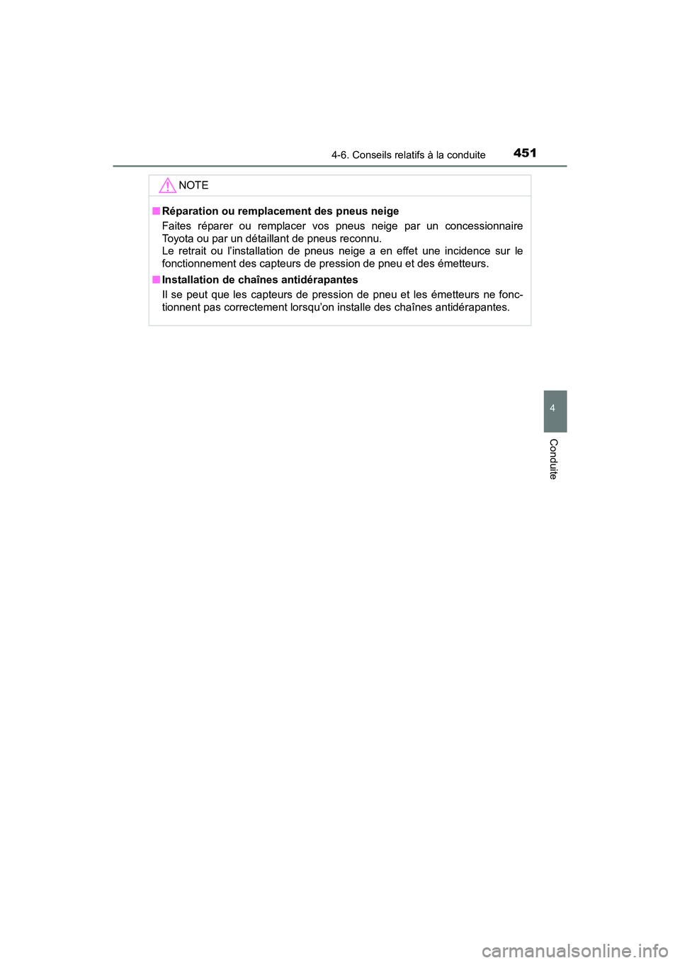 TOYOTA PRIUS 2019 Manuel du propriétaire (in French) PRIUS_OM_OM47C35D_(D)
4514-6. Conseils relatifs à la conduite
4
Conduite
NOTE
■Réparation ou remplacement des pneus neige
Faites réparer ou remplacer vos pneus neige par un concessionnaire
Toyota TOYOTA PRIUS 2019 Manuel du propriétaire (in French) PRIUS_OM_OM47C35D_(D)
4514-6. Conseils relatifs à la conduite
4
Conduite
NOTE
■Réparation ou remplacement des pneus neige
Faites réparer ou remplacer vos pneus neige par un concessionnaire
Toyota