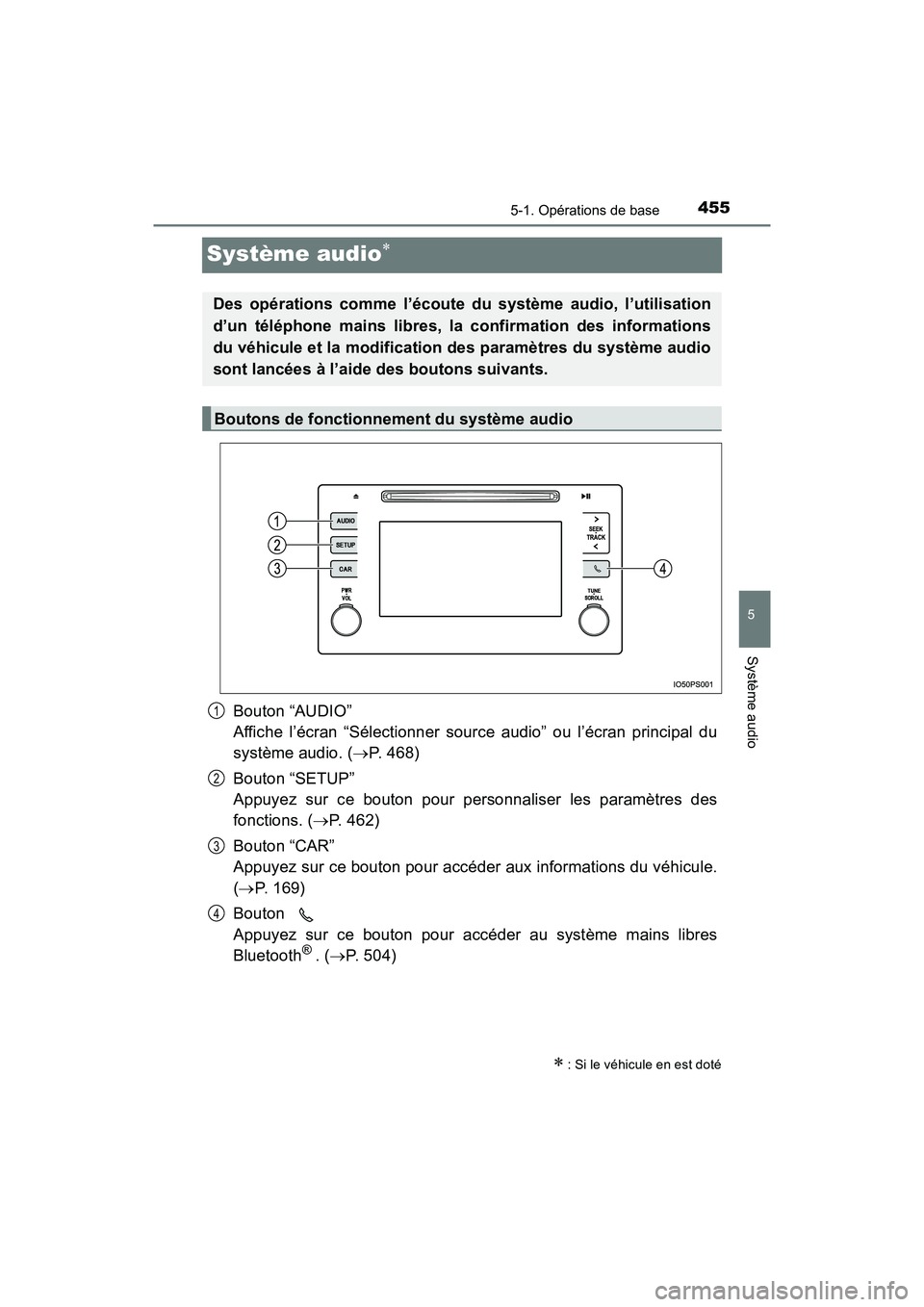 TOYOTA PRIUS 2019 Manuel du propriétaire (in French) 455
PRIUS_OM_OM47C35D_(D)
5-1. Opérations de base
5
Système audio
Système audio
Bouton “AUDIO”
Affiche l’écran “Sélectionner source audio” ou l’écran principal du
système audio. TOYOTA PRIUS 2019 Manuel du propriétaire (in French) 455
PRIUS_OM_OM47C35D_(D)
5-1. Opérations de base
5
Système audio
Système audio
Bouton “AUDIO”
Affiche l’écran “Sélectionner source audio” ou l’écran principal du
système audio.