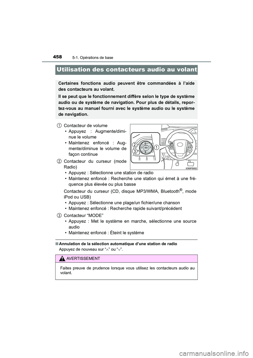 TOYOTA PRIUS 2019 Manuel du propriétaire (in French) 458
PRIUS_OM_OM47C35D_(D)
5-1. Opérations de base
Utilisation des contacteurs audio au volant
Contacteur de volume• Appuyez : Augmente/dimi- nue le volume
• Maintenez enfoncé : Aug- mente/diminu TOYOTA PRIUS 2019 Manuel du propriétaire (in French) 458
PRIUS_OM_OM47C35D_(D)
5-1. Opérations de base
Utilisation des contacteurs audio au volant
Contacteur de volume• Appuyez : Augmente/dimi- nue le volume
• Maintenez enfoncé : Aug- mente/diminu