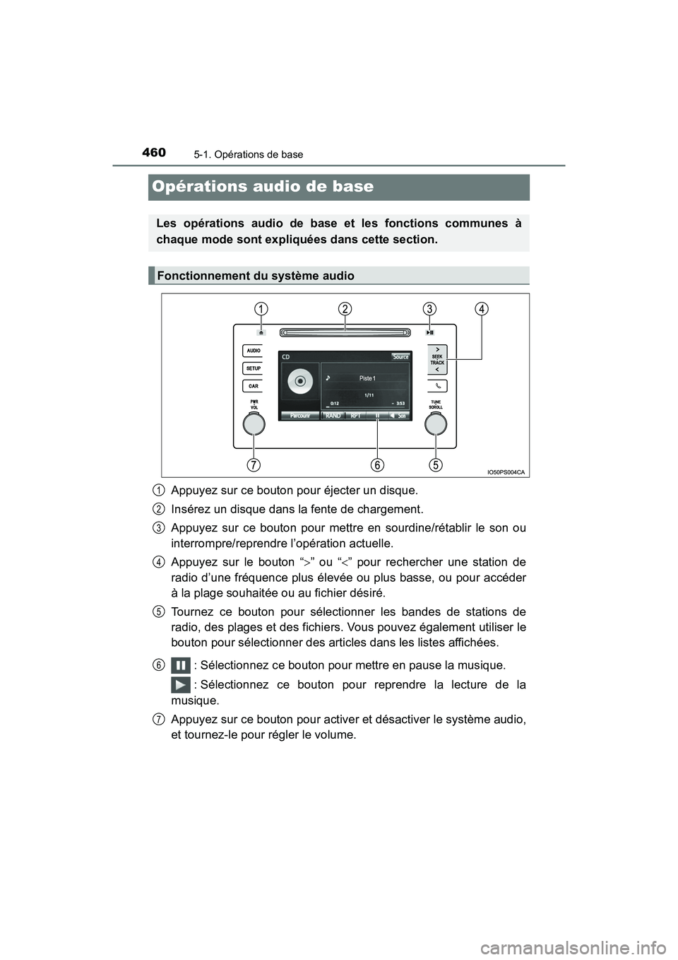 TOYOTA PRIUS 2019 Manuel du propriétaire (in French) 460
PRIUS_OM_OM47C35D_(D)
5-1. Opérations de base
Opérations audio de base
Appuyez sur ce bouton pour éjecter un disque.
Insérez un disque dans la fente de chargement.
Appuyez sur ce bouton pour m TOYOTA PRIUS 2019 Manuel du propriétaire (in French) 460
PRIUS_OM_OM47C35D_(D)
5-1. Opérations de base
Opérations audio de base
Appuyez sur ce bouton pour éjecter un disque.
Insérez un disque dans la fente de chargement.
Appuyez sur ce bouton pour m
