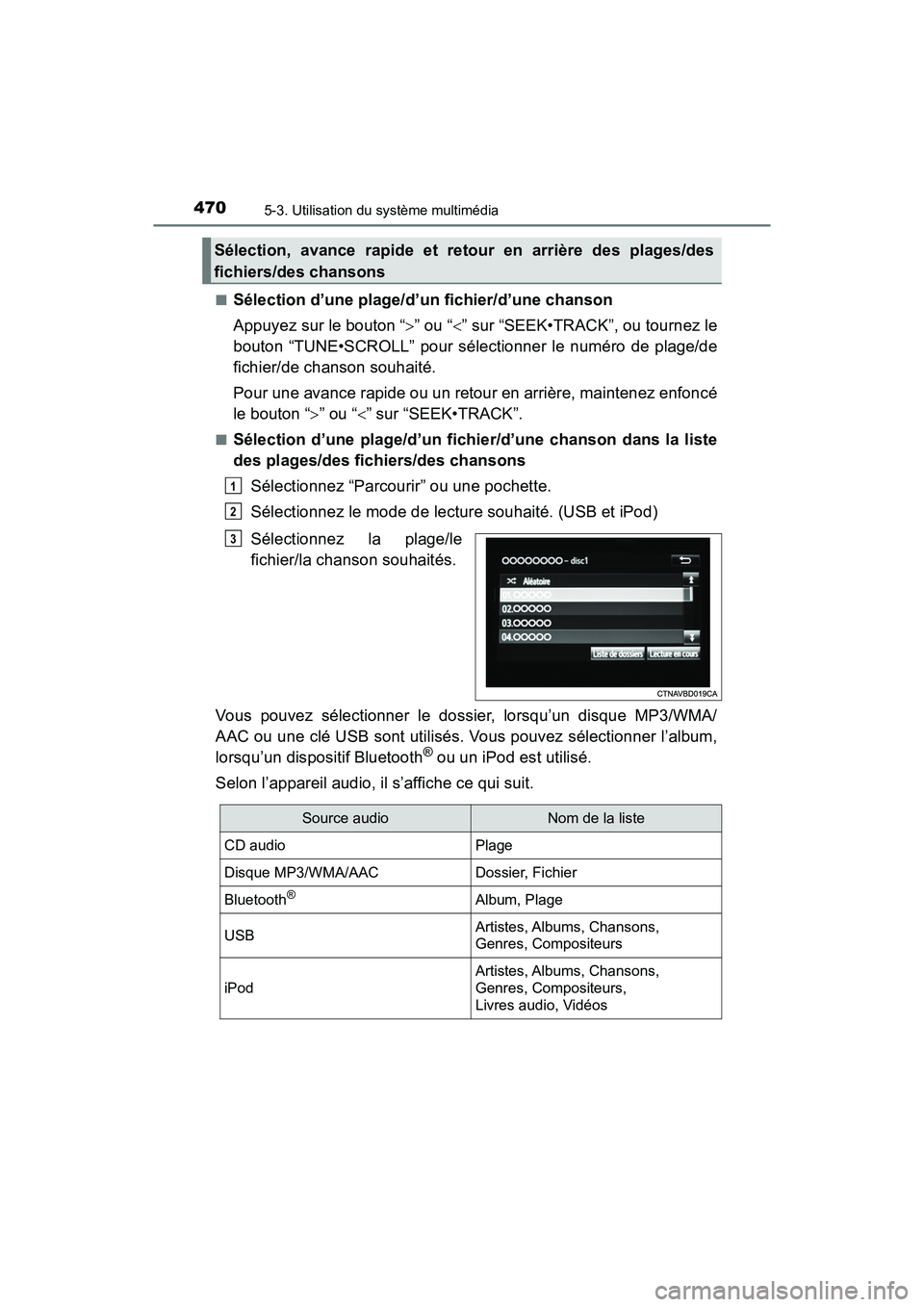 TOYOTA PRIUS 2019 Manuel du propriétaire (in French) 4705-3. Utilisation du système multimédia
PRIUS_OM_OM47C35D_(D)■
Sélection d’une plage/d’un fichier/d’une chanson
Appuyez sur le bouton “
” ou “ ” sur “SEEK•TRACK”, ou t TOYOTA PRIUS 2019 Manuel du propriétaire (in French) 4705-3. Utilisation du système multimédia
PRIUS_OM_OM47C35D_(D)■
Sélection d’une plage/d’un fichier/d’une chanson
Appuyez sur le bouton “
” ou “ ” sur “SEEK•TRACK”, ou t