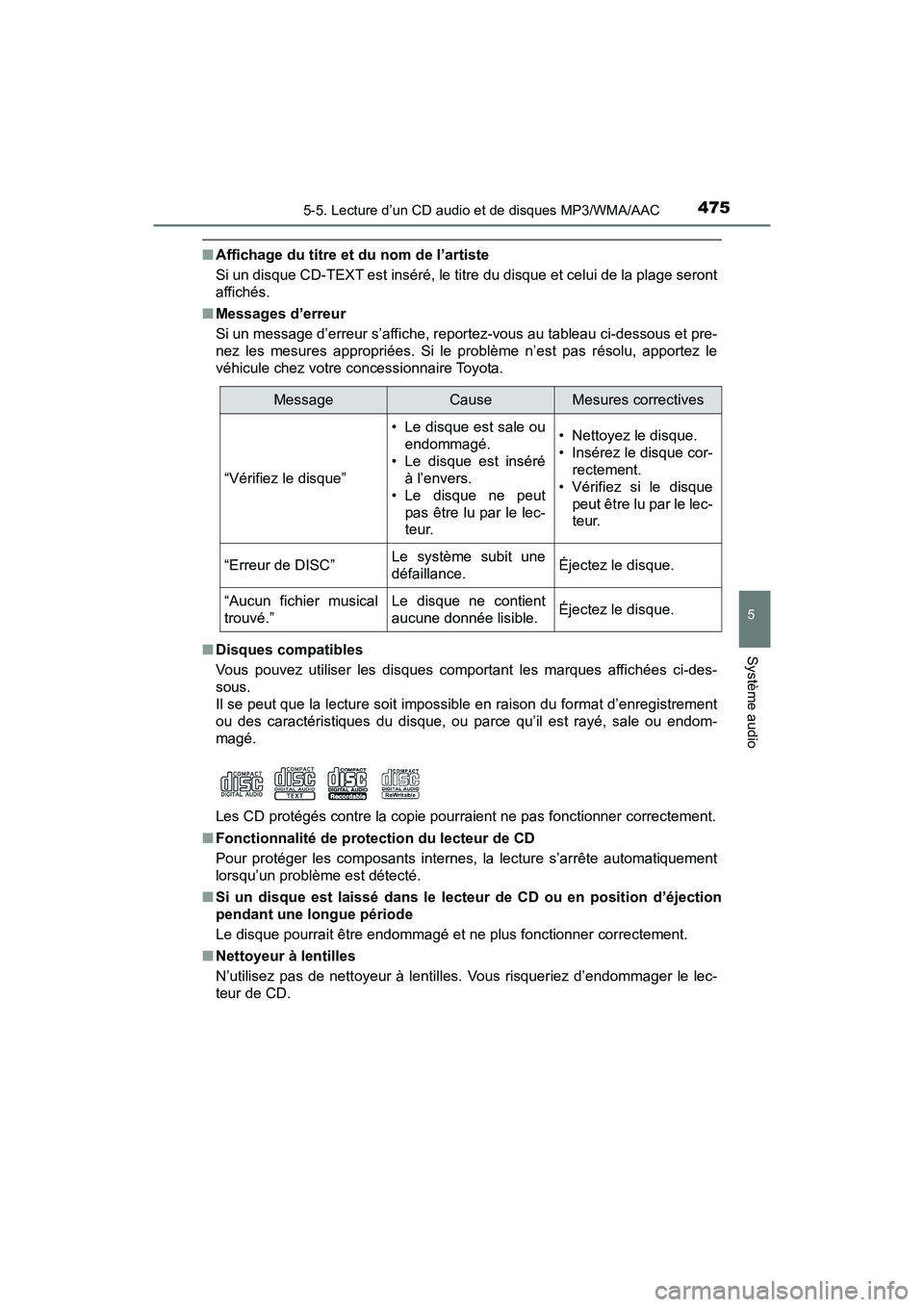 TOYOTA PRIUS 2019 Manuel du propriétaire (in French) PRIUS_OM_OM47C35D_(D)
4755-5. Lecture d’un CD audio et de disques MP3/WMA/AAC
5
Système audio
■Affichage du titre et du nom de l’artiste
Si un disque CD-TEXT est inséré, le ti tre du disque e TOYOTA PRIUS 2019 Manuel du propriétaire (in French) PRIUS_OM_OM47C35D_(D)
4755-5. Lecture d’un CD audio et de disques MP3/WMA/AAC
5
Système audio
■Affichage du titre et du nom de l’artiste
Si un disque CD-TEXT est inséré, le ti tre du disque e