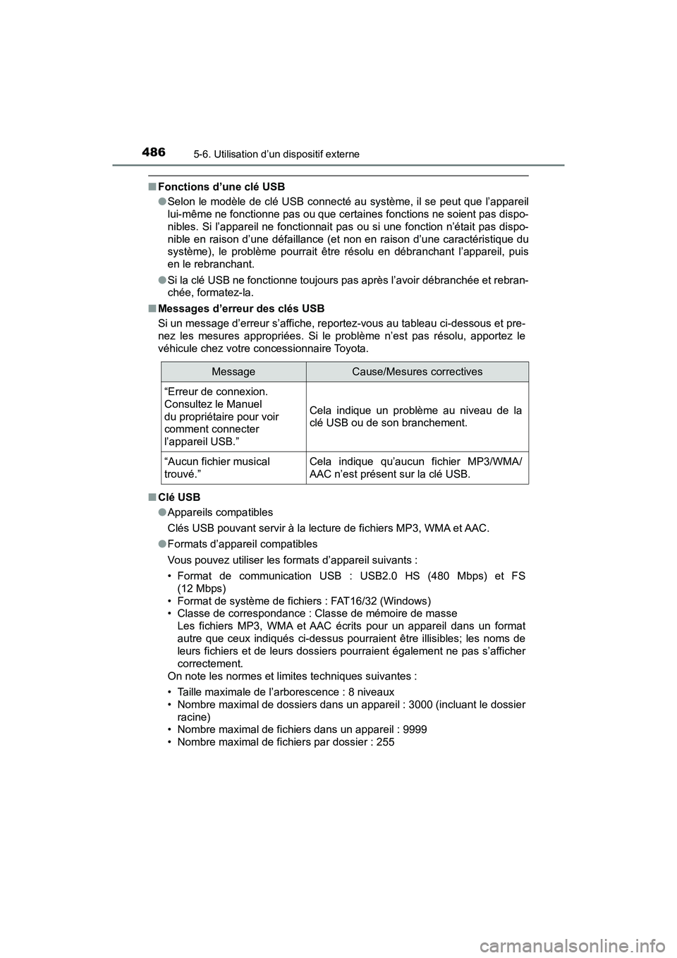 TOYOTA PRIUS 2019  Manuel du propriétaire (in French) 4865-6. Utilisation d’un dispositif externe
PRIUS_OM_OM47C35D_(D)
■Fonctions d’une clé USB
●Selon le modèle de clé USB connecté au système, il se peut que l’appareil
lui-même ne foncti