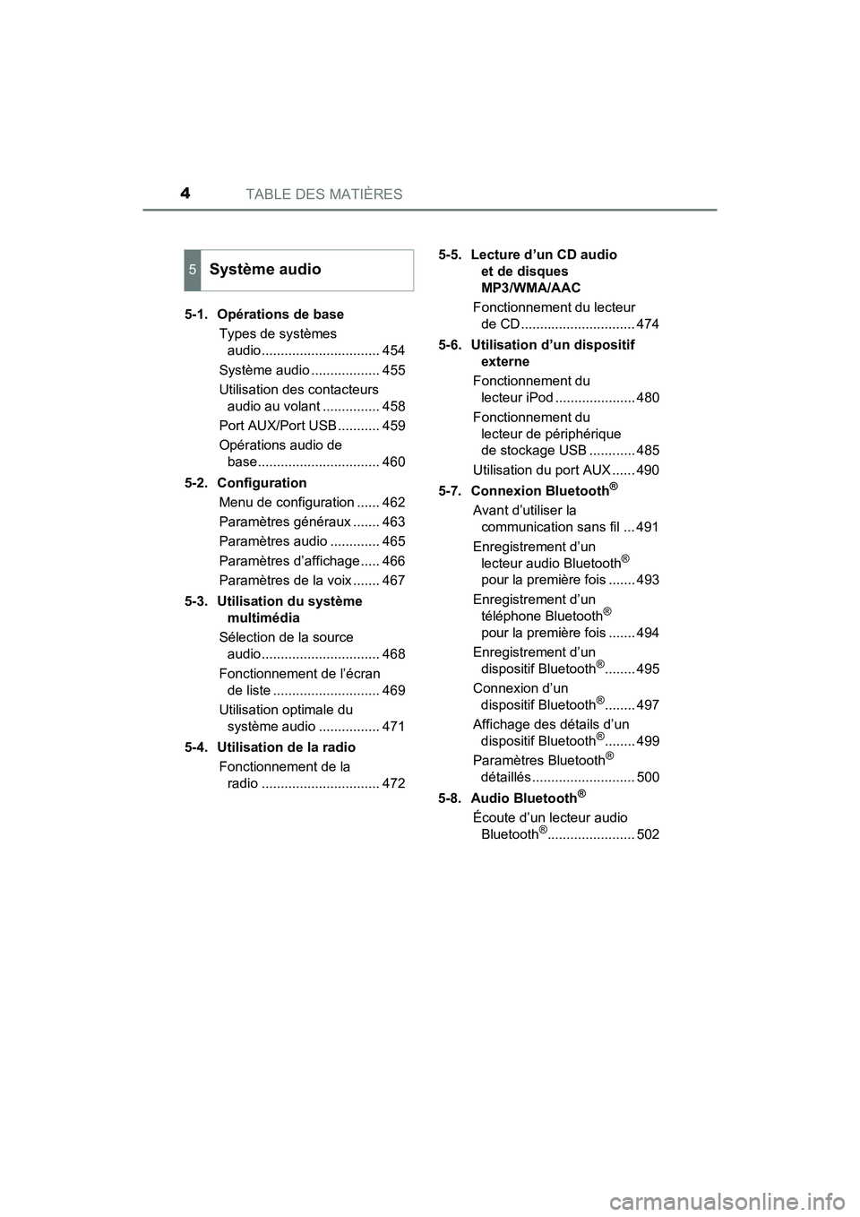 TOYOTA PRIUS 2019  Manuel du propriétaire (in French) TABLE DES MATIÈRES4
PRIUS_OM_OM47C35D_(D)5-1. Opérations de base
Types de systèmes audio............................... 454
Système audio .................. 455
Utilisation des contacteurs  audio 