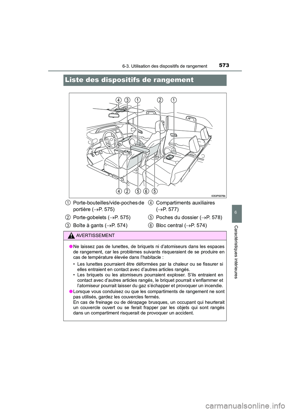 TOYOTA PRIUS 2019 Manuel du propriétaire (in French) 573
PRIUS_OM_OM47C35D_(D)
6-3. Utilisation des dispositifs de rangement
6
Caractéristiques intérieures
Liste des dispositifs de rangement
Porte-bouteilles/vide-poches de
portière (P. 575)
Porte TOYOTA PRIUS 2019 Manuel du propriétaire (in French) 573
PRIUS_OM_OM47C35D_(D)
6-3. Utilisation des dispositifs de rangement
6
Caractéristiques intérieures
Liste des dispositifs de rangement
Porte-bouteilles/vide-poches de
portière (P. 575)
Porte