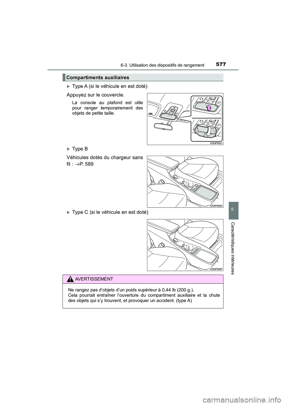 TOYOTA PRIUS 2019  Manuel du propriétaire (in French) PRIUS_OM_OM47C35D_(D)
5776-3. Utilisation des dispositifs de rangement
6
Caractéristiques intérieures
Type A (si le véhicule en est doté)
Appuyez sur le couvercle.
La console au plafond est uti
