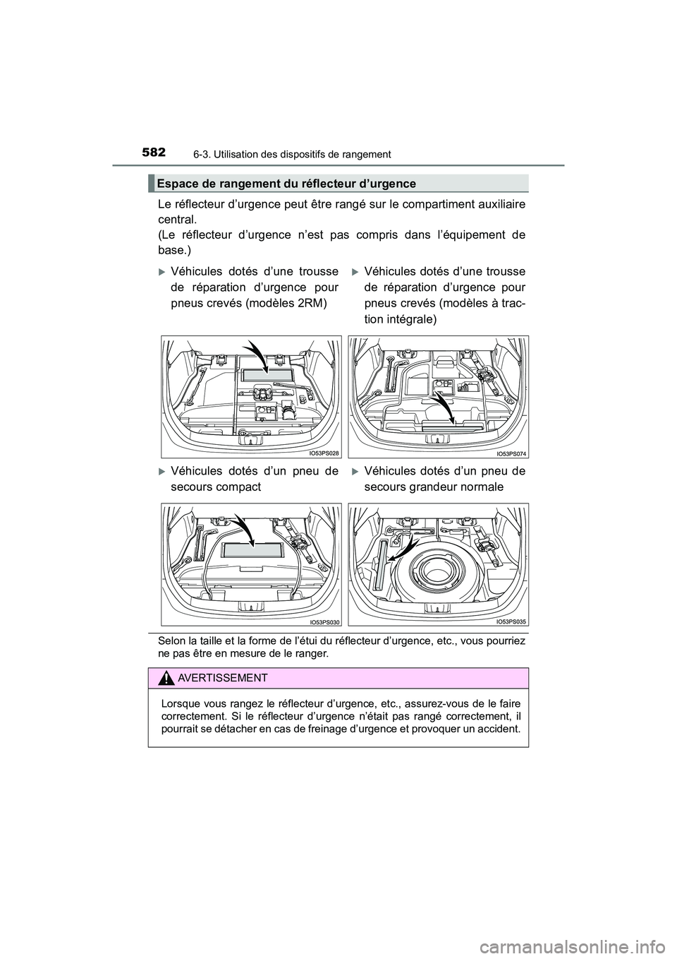 TOYOTA PRIUS 2019  Manuel du propriétaire (in French) 582
PRIUS_OM_OM47C35D_(D)
6-3. Utilisation des dispositifs de rangement
Le réflecteur d’urgence peut être rangé sur le compartiment auxiliaire
central. 
(Le réflecteur d’urgence n’est pas co
