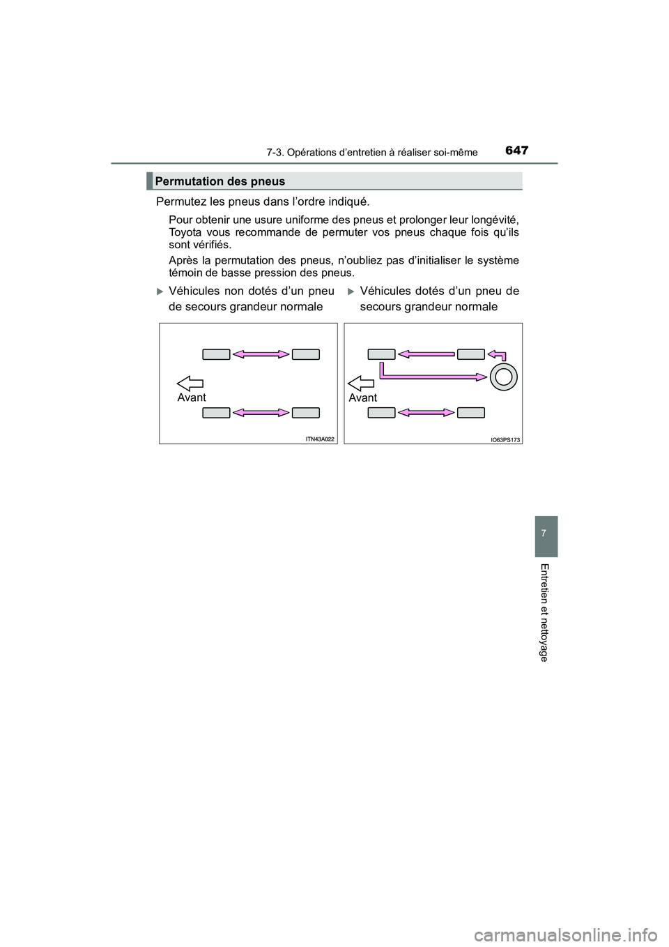 TOYOTA PRIUS 2019 Manuel du propriétaire (in French) PRIUS_OM_OM47C35D_(D)
6477-3. Opérations d’entretien à réaliser soi-même
7
Entretien et nettoyage
Permutez les pneus dans l’ordre indiqué.
Pour obtenir une usure uniforme des pneus et prolong TOYOTA PRIUS 2019 Manuel du propriétaire (in French) PRIUS_OM_OM47C35D_(D)
6477-3. Opérations d’entretien à réaliser soi-même
7
Entretien et nettoyage
Permutez les pneus dans l’ordre indiqué.
Pour obtenir une usure uniforme des pneus et prolong