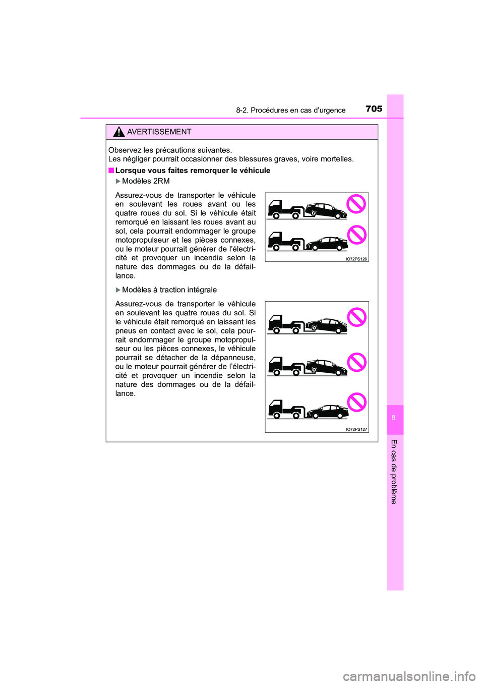 TOYOTA PRIUS 2019 Manuel du propriétaire (in French) 7058-2. Procédures en cas d’urgence
PRIUS_OM_OM47C35D_(D)
8
En cas de problème
AVERTISSEMENT
Observez les précautions suivantes.
Les négliger pourrait occasionner des blessures graves, voire mo TOYOTA PRIUS 2019 Manuel du propriétaire (in French) 7058-2. Procédures en cas d’urgence
PRIUS_OM_OM47C35D_(D)
8
En cas de problème
AVERTISSEMENT
Observez les précautions suivantes.
Les négliger pourrait occasionner des blessures graves, voire mo