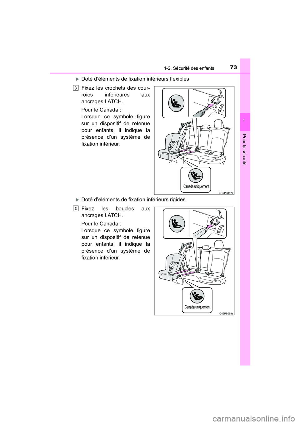 TOYOTA PRIUS 2019  Manuel du propriétaire (in French) 731-2. Sécurité des enfants
PRIUS_OM_OM47C35D_(D)
1
Pour la sécurité
Doté d’éléments de fixation inférieurs flexibles
Fixez les crochets des cour-
roies inférieures aux
ancrages LATCH.
P
