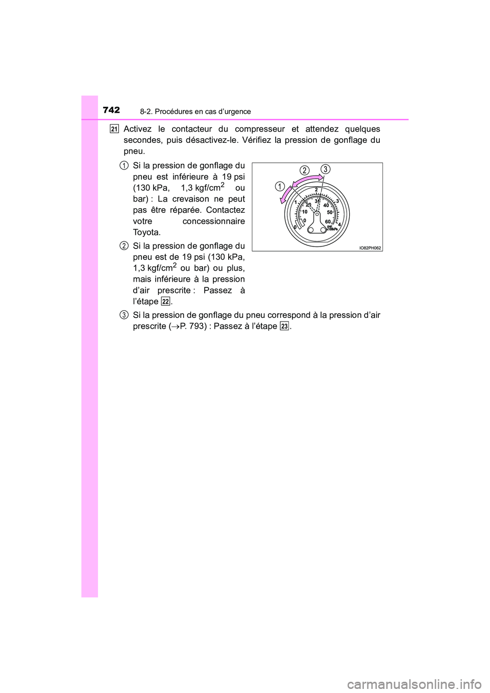 TOYOTA PRIUS 2019  Manuel du propriétaire (in French) 7428-2. Procédures en cas d’urgence
PRIUS_OM_OM47C35D_(D)
Activez le contacteur du compresseur et attendez quelques
secondes, puis désactivez-le. Vérifiez la pression de gonflage du
pneu.Si la pr