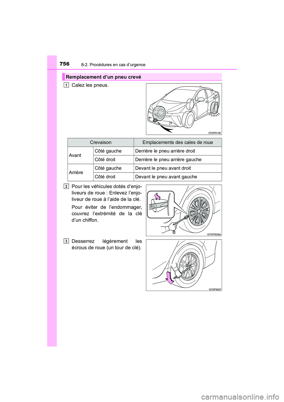 TOYOTA PRIUS 2019  Manuel du propriétaire (in French) 7568-2. Procédures en cas d’urgence
PRIUS_OM_OM47C35D_(D)
Calez les pneus.
Pour les véhicules dotés d’enjo-
liveurs de roue : Enlevez l’enjo-
liveur de roue à l’aide de la clé.
Pour évit