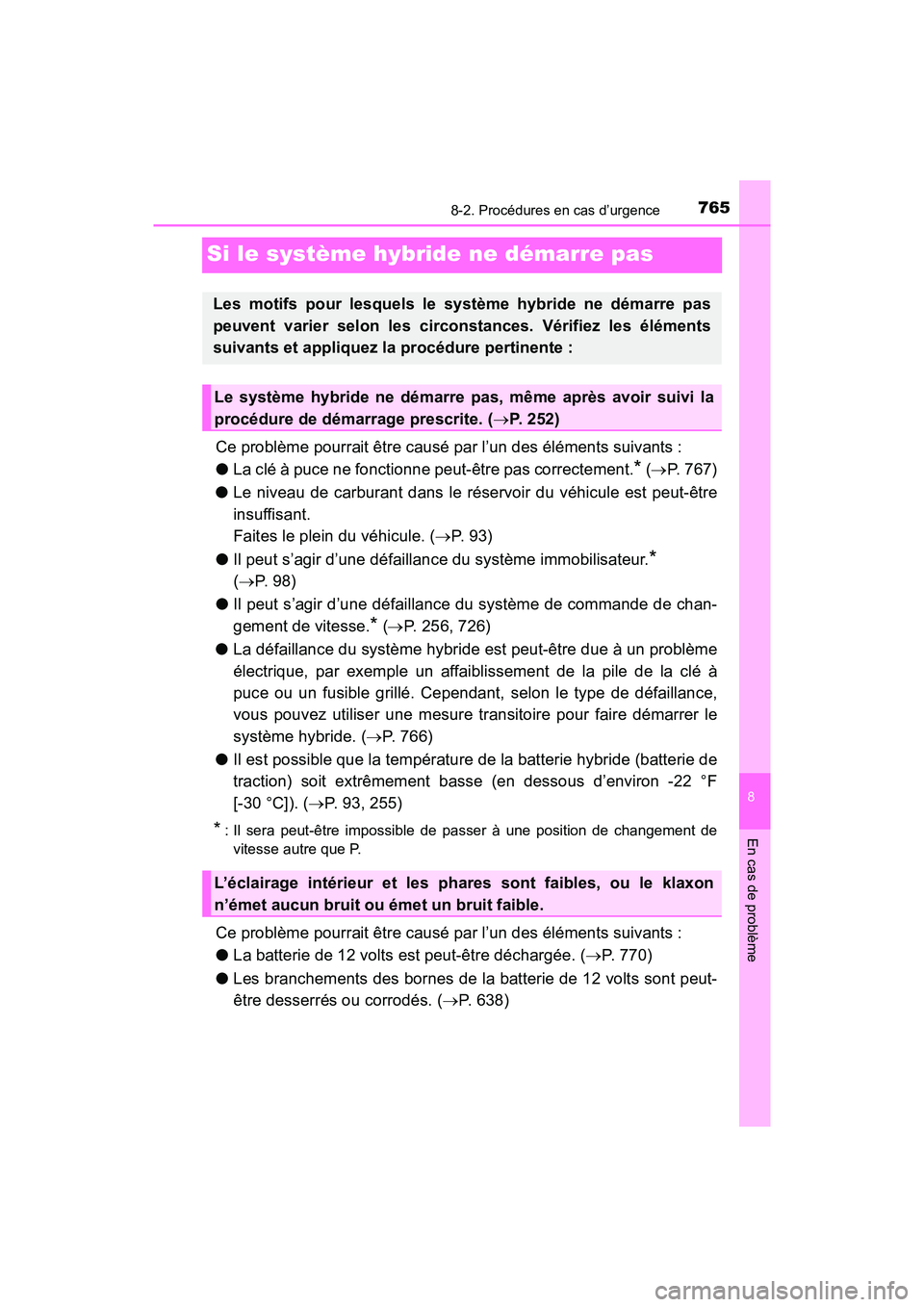 TOYOTA PRIUS 2019  Manuel du propriétaire (in French) 765
PRIUS_OM_OM47C35D_(D)
8
En cas de problème
8-2. Procédures en cas d’urgence
Si le système hybride ne démarre pas
Ce problème pourrait être causé par l’un des éléments suivants :
●La