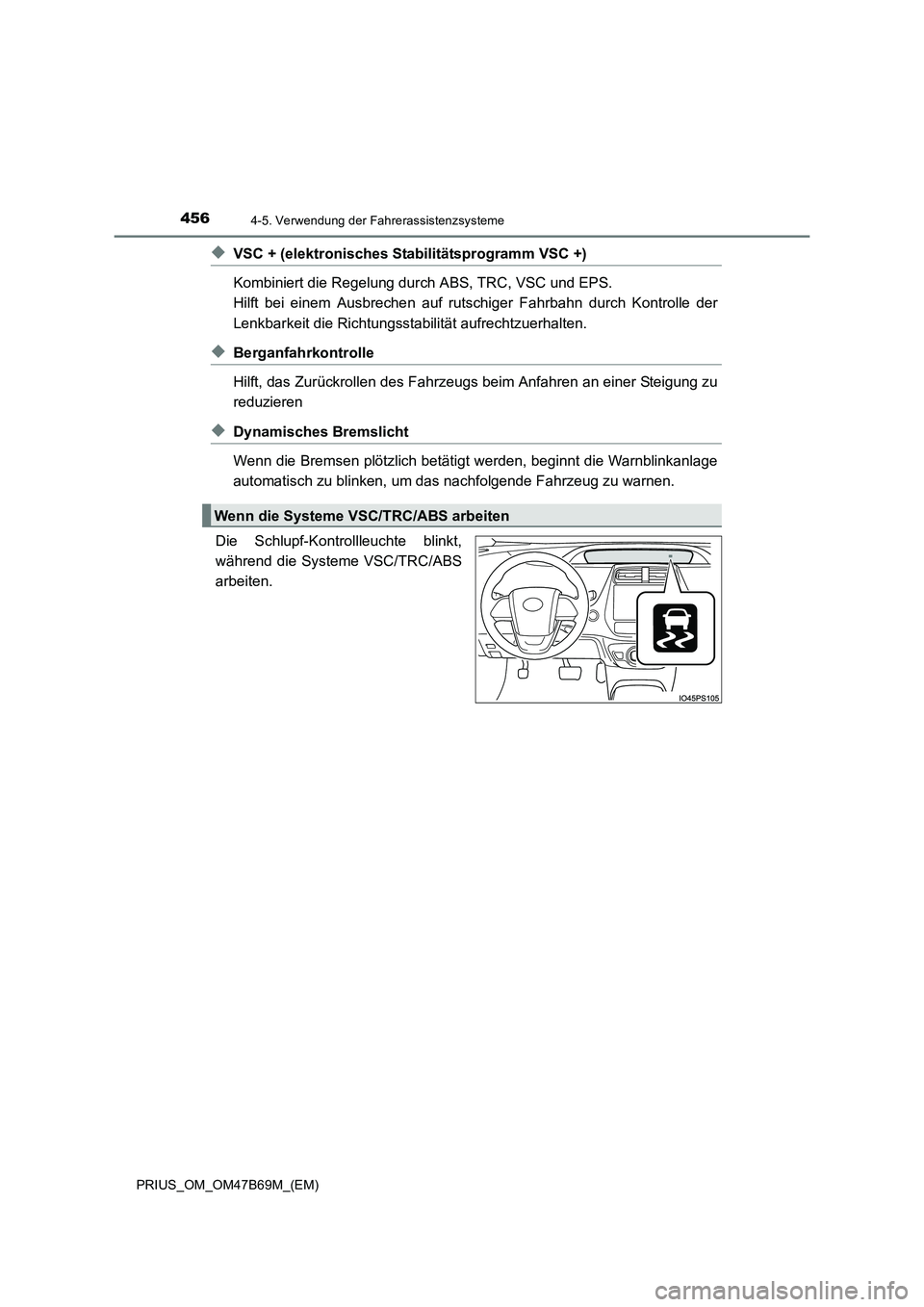 TOYOTA PRIUS 2017 Betriebsanleitungen (in German) 4564-5. Verwendung der Fahrerassistenzsysteme
PRIUS_OM_OM47B69M_(EM)
◆VSC + (elektronisches Stabilitätsprogramm VSC +)
Kombiniert die Regelung durch ABS, TRC, VSC und EPS.
Hilft bei einem Ausbrech TOYOTA PRIUS 2017 Betriebsanleitungen (in German) 4564-5. Verwendung der Fahrerassistenzsysteme
PRIUS_OM_OM47B69M_(EM)
◆VSC + (elektronisches Stabilitätsprogramm VSC +)
Kombiniert die Regelung durch ABS, TRC, VSC und EPS.
Hilft bei einem Ausbrech