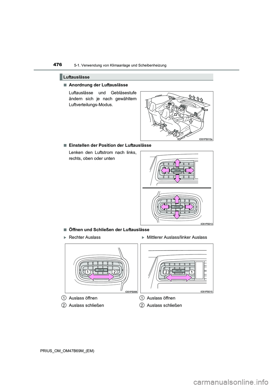 TOYOTA PRIUS 2017  Betriebsanleitungen (in German) 4765-1. Verwendung von Klimaanlage und Scheibenheizung
PRIUS_OM_OM47B69M_(EM)■
Anordnung der Luftauslässe
Luftauslässe und Gebläsestufe
ändern sich je nach gewähltem
Luftverteilungs-Modus.
■E