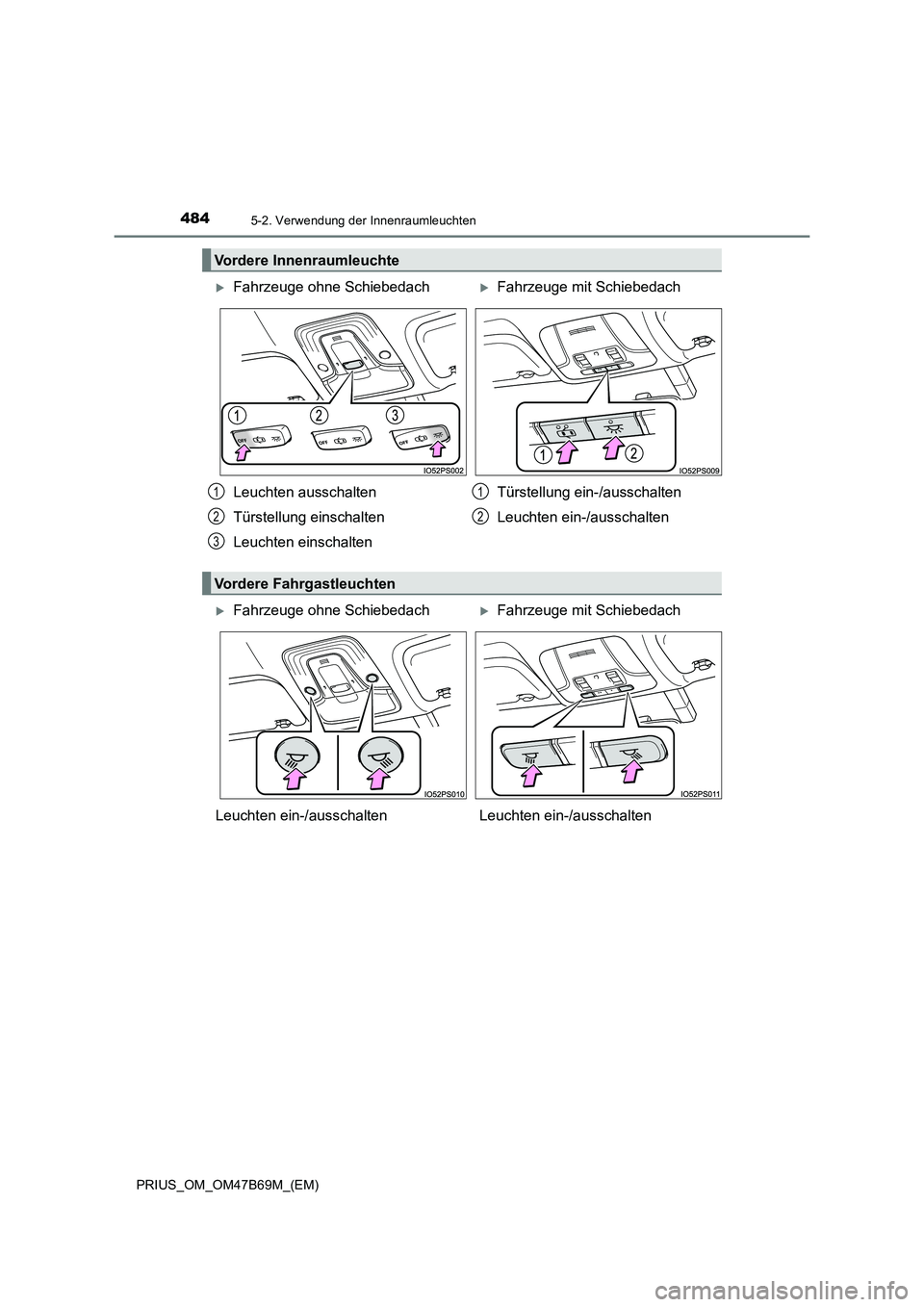 TOYOTA PRIUS 2017  Betriebsanleitungen (in German) 4845-2. Verwendung der Innenraumleuchten
PRIUS_OM_OM47B69M_(EM)
Vordere Innenraumleuchte
 XFahrzeuge ohne Schiebedach XFahrzeuge mit Schiebedach
Leuchten ausschalten
Türstellung einschalten
Leuchten 