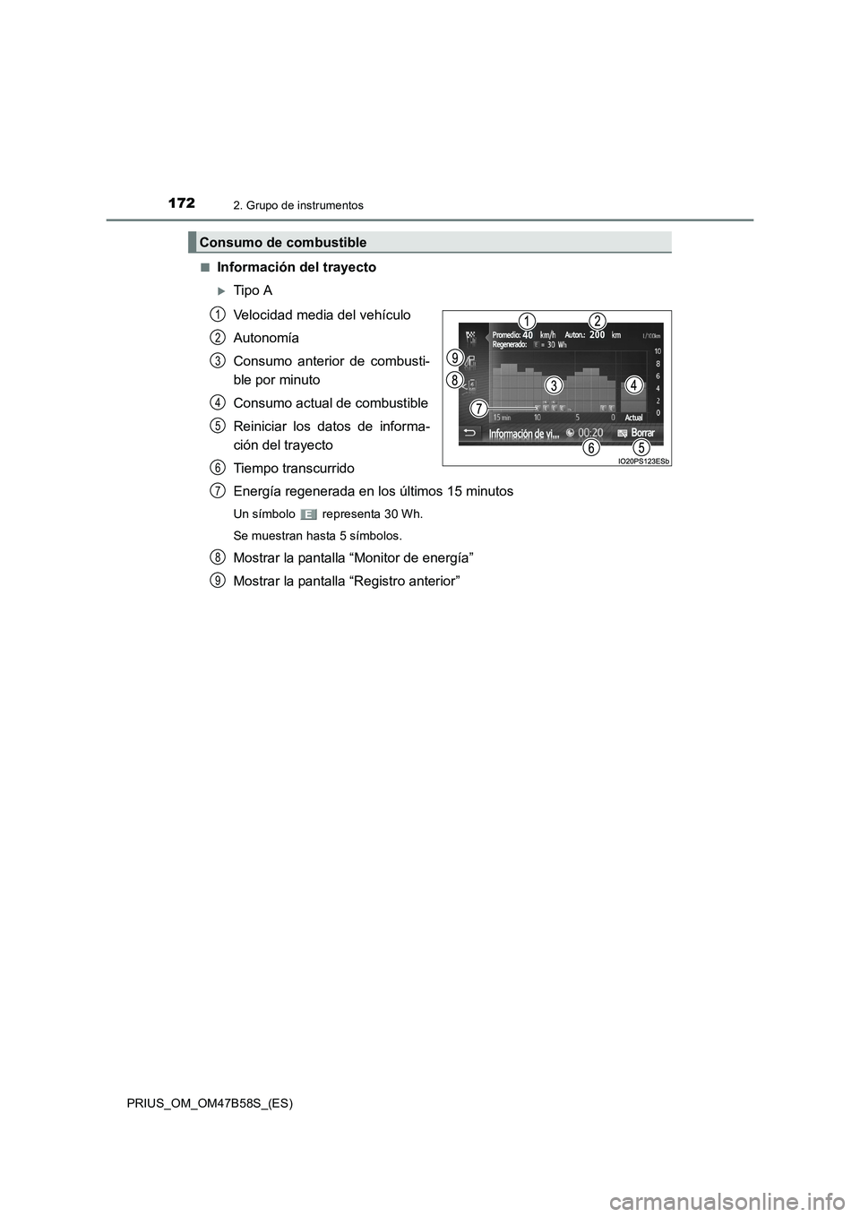 TOYOTA PRIUS 2017  Manual del propietario (in Spanish) 1722. Grupo de instrumentos
PRIUS_OM_OM47B58S_(ES)■
Información del trayecto
�XTipo A
Velocidad media del vehículo
Autonomía
Consumo anterior de combusti-
ble por minuto
Consumo actual de combust