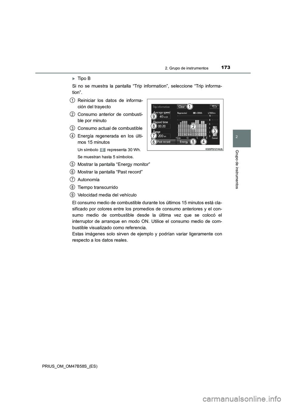 TOYOTA PRIUS 2017  Manual del propietario (in Spanish) 1732. Grupo de instrumentos
2
Grupo de instrumentos
PRIUS_OM_OM47B58S_(ES)
�XTipo B
Si no se muestra la pantalla “Trip  information”, seleccione “Trip informa-
tion”.
Reiniciar los datos de in