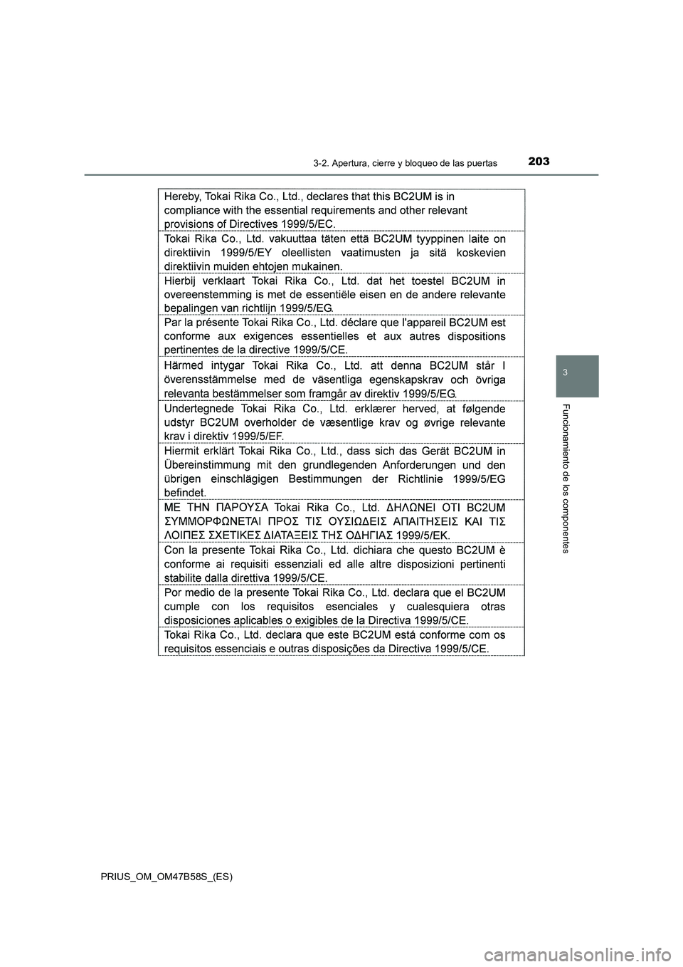 TOYOTA PRIUS 2017 Manual del propietario (in Spanish) 2033-2. Apertura, cierre y bloqueo de las puertas
3
Funcionamiento de los componentes
PRIUS_OM_OM47B58S_(ES) TOYOTA PRIUS 2017 Manual del propietario (in Spanish) 2033-2. Apertura, cierre y bloqueo de las puertas
3
Funcionamiento de los componentes
PRIUS_OM_OM47B58S_(ES)