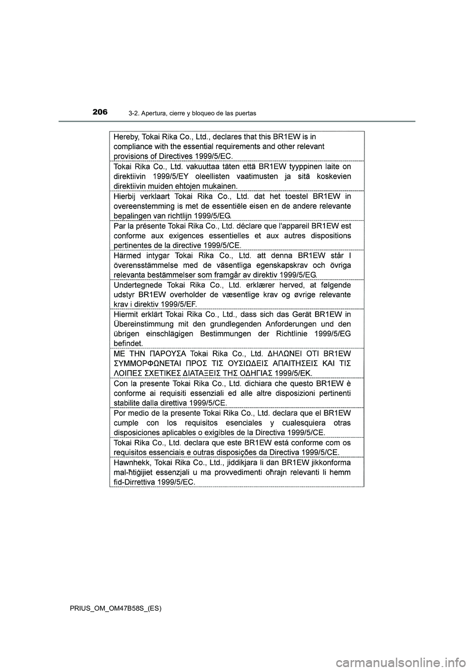 TOYOTA PRIUS 2017 Manual del propietario (in Spanish) 2063-2. Apertura, cierre y bloqueo de las puertas
PRIUS_OM_OM47B58S_(ES) TOYOTA PRIUS 2017 Manual del propietario (in Spanish) 2063-2. Apertura, cierre y bloqueo de las puertas
PRIUS_OM_OM47B58S_(ES)