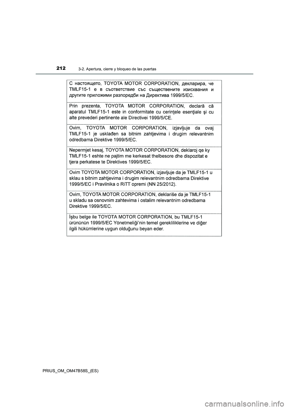 TOYOTA PRIUS 2017 Manual del propietario (in Spanish) 2123-2. Apertura, cierre y bloqueo de las puertas
PRIUS_OM_OM47B58S_(ES) TOYOTA PRIUS 2017 Manual del propietario (in Spanish) 2123-2. Apertura, cierre y bloqueo de las puertas
PRIUS_OM_OM47B58S_(ES)