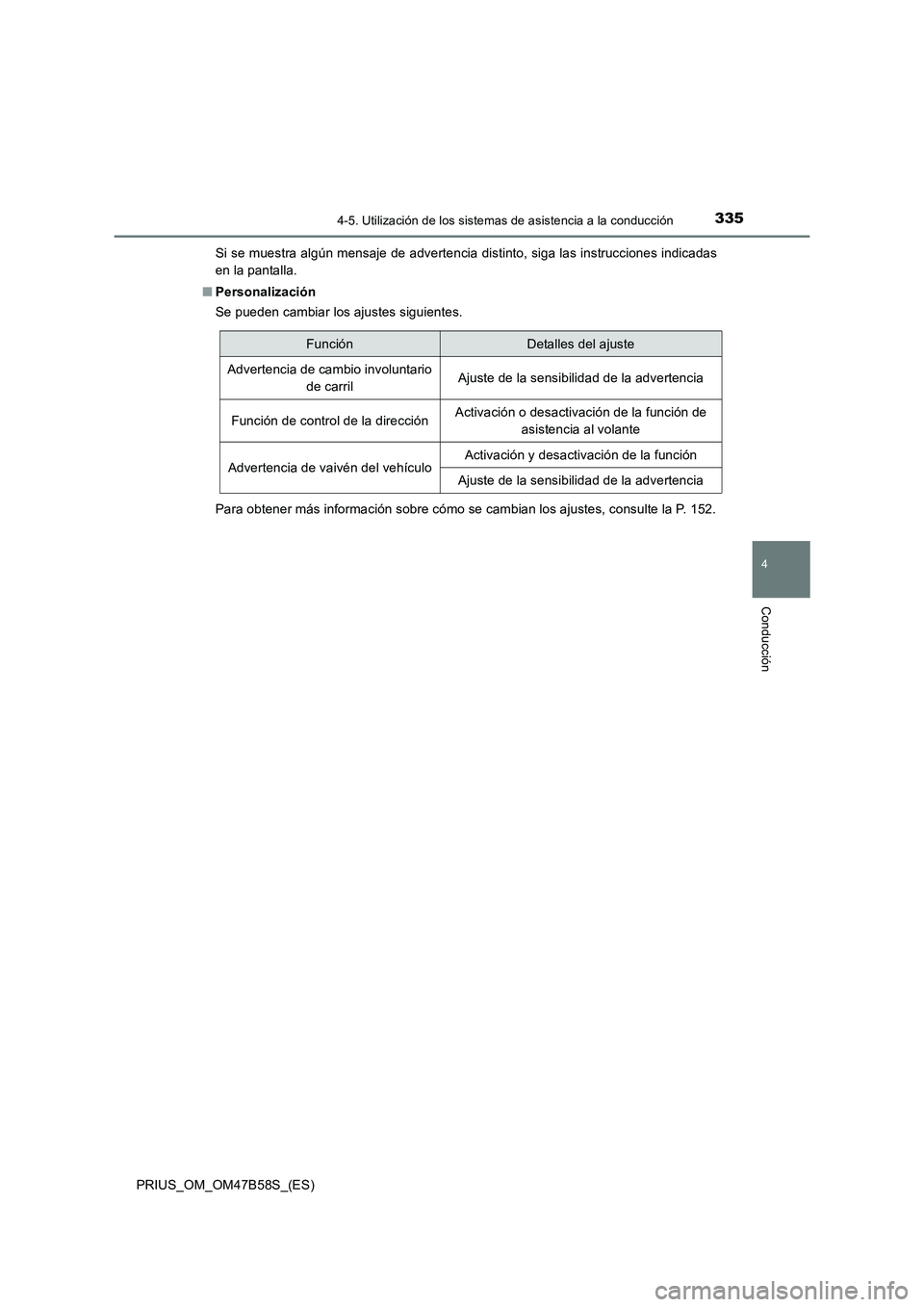 TOYOTA PRIUS 2017  Manual del propietario (in Spanish) 3354-5. Utilización de los sistemas de asistencia a la conducción
4
Conducción
PRIUS_OM_OM47B58S_(ES)Si se muestra algún mensaje de advertencia distinto, siga las instrucciones indicadas
en la pan