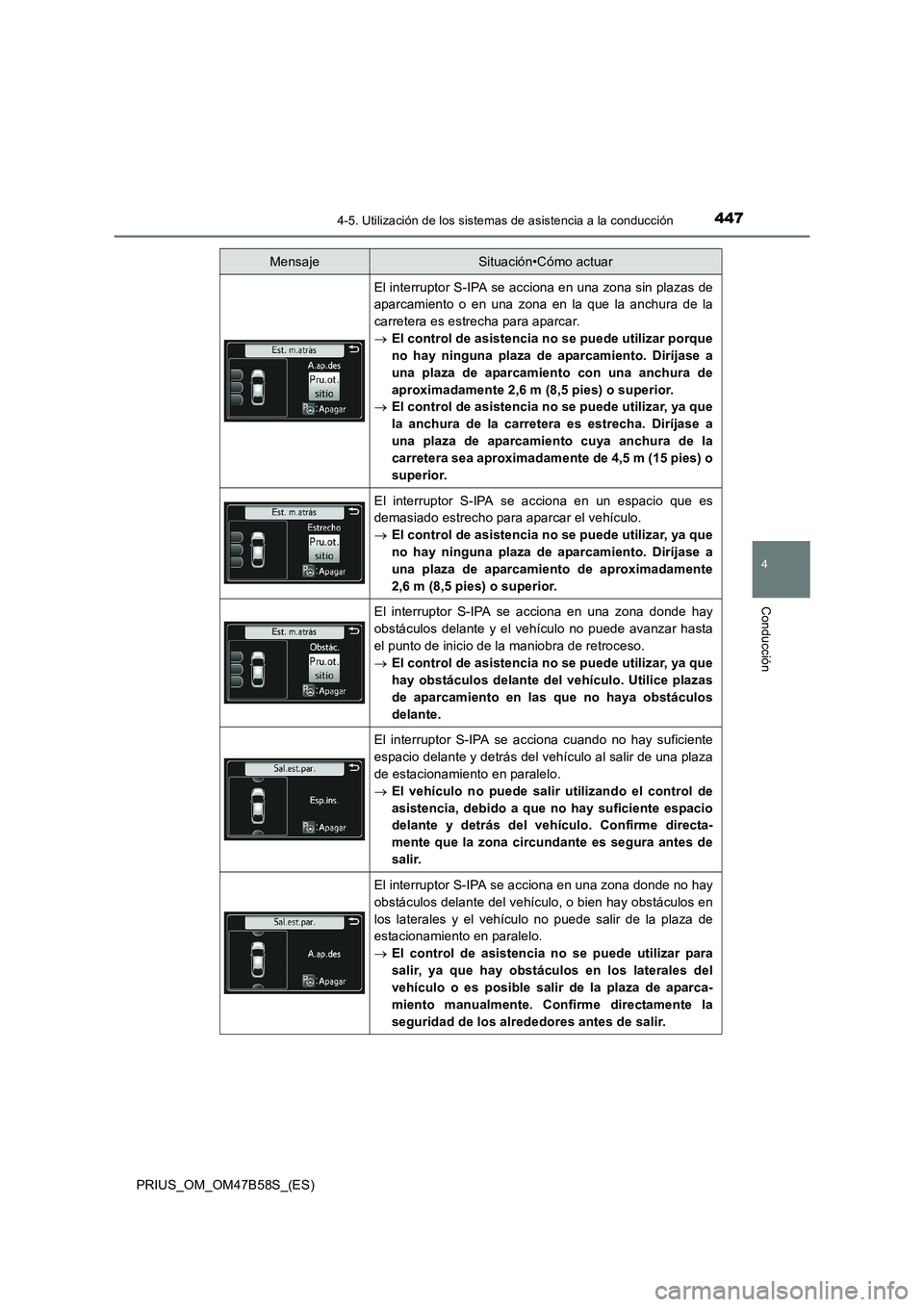 TOYOTA PRIUS 2017 Manual del propietario (in Spanish) 4474-5. Utilización de los sistemas de asistencia a la conducción
4
Conducción
PRIUS_OM_OM47B58S_(ES)
El interruptor S-IPA se acciona en una zona sin plazas de
aparcamiento o en una zona en la que TOYOTA PRIUS 2017 Manual del propietario (in Spanish) 4474-5. Utilización de los sistemas de asistencia a la conducción
4
Conducción
PRIUS_OM_OM47B58S_(ES)
El interruptor S-IPA se acciona en una zona sin plazas de
aparcamiento o en una zona en la que
