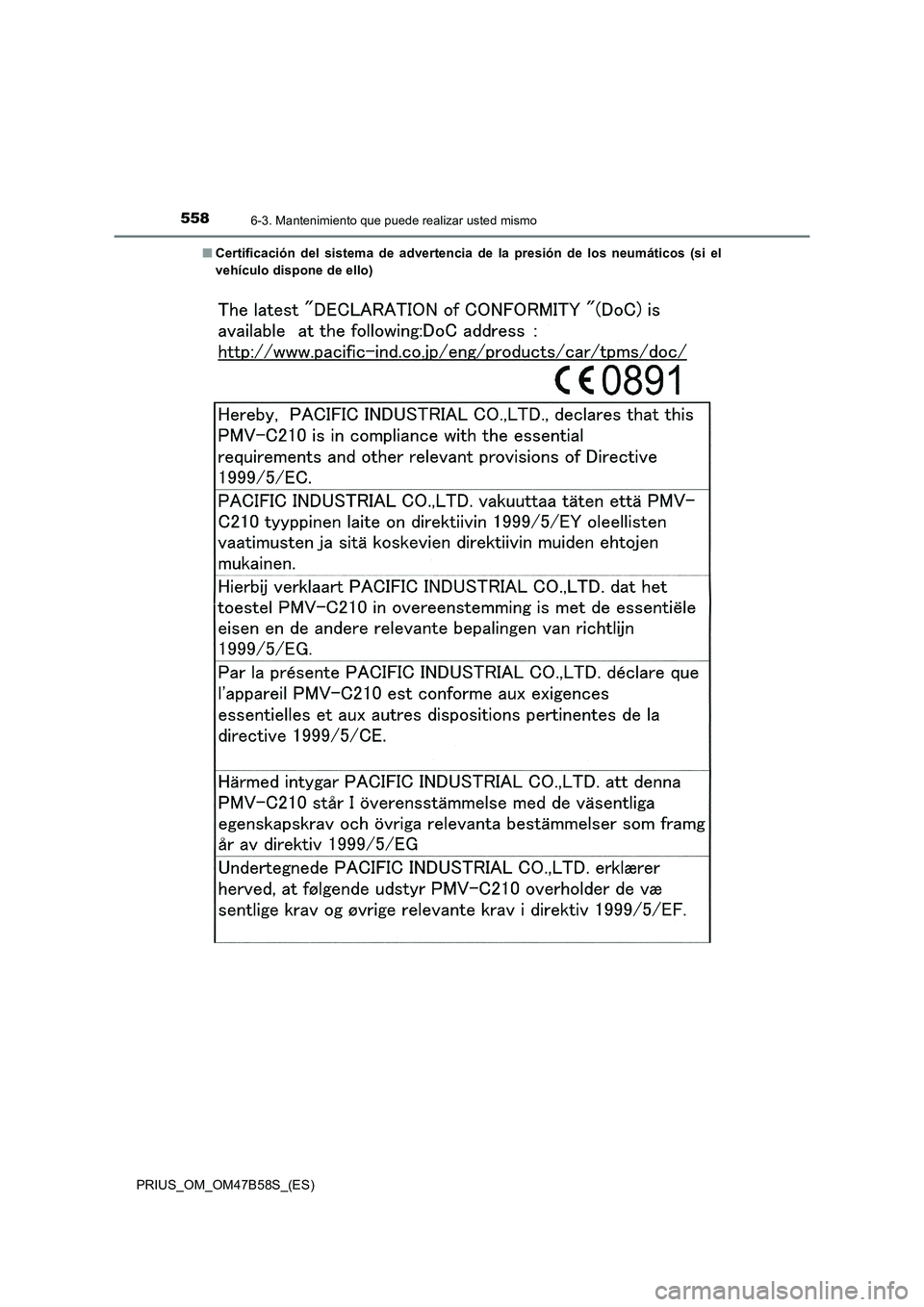 TOYOTA PRIUS 2017 Manual del propietario (in Spanish) 5586-3. Mantenimiento que puede realizar usted mismo
PRIUS_OM_OM47B58S_(ES)■
Certificación del sistema de advertencia de la presión de los neumáticos (si el
vehículo dispone de ello) TOYOTA PRIUS 2017 Manual del propietario (in Spanish) 5586-3. Mantenimiento que puede realizar usted mismo
PRIUS_OM_OM47B58S_(ES)■
Certificación del sistema de advertencia de la presión de los neumáticos (si el
vehículo dispone de ello)