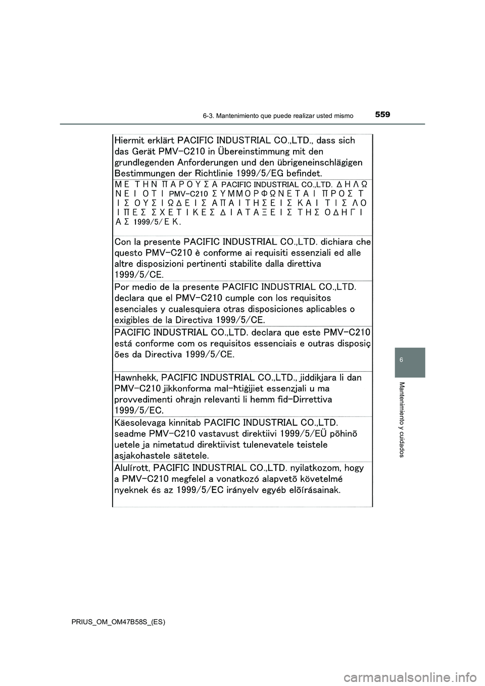 TOYOTA PRIUS 2017 Manual del propietario (in Spanish) 5596-3. Mantenimiento que puede realizar usted mismo
PRIUS_OM_OM47B58S_(ES)
6
Mantenimiento y cuidados TOYOTA PRIUS 2017 Manual del propietario (in Spanish) 5596-3. Mantenimiento que puede realizar usted mismo
PRIUS_OM_OM47B58S_(ES)
6
Mantenimiento y cuidados