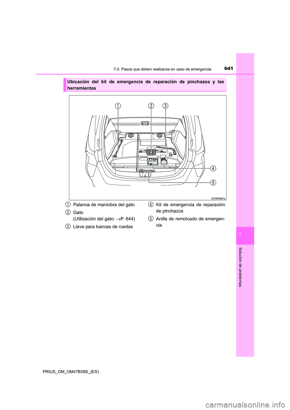 TOYOTA PRIUS 2017  Manual del propietario (in Spanish) 6417-2. Pasos que deben realizarse en caso de emergencia
PRIUS_OM_OM47B58S_(ES)
7
Solución de problemas
Ubicación del kit de emergencia de reparación de pinchazos y las
herramientas
Palanca de mani