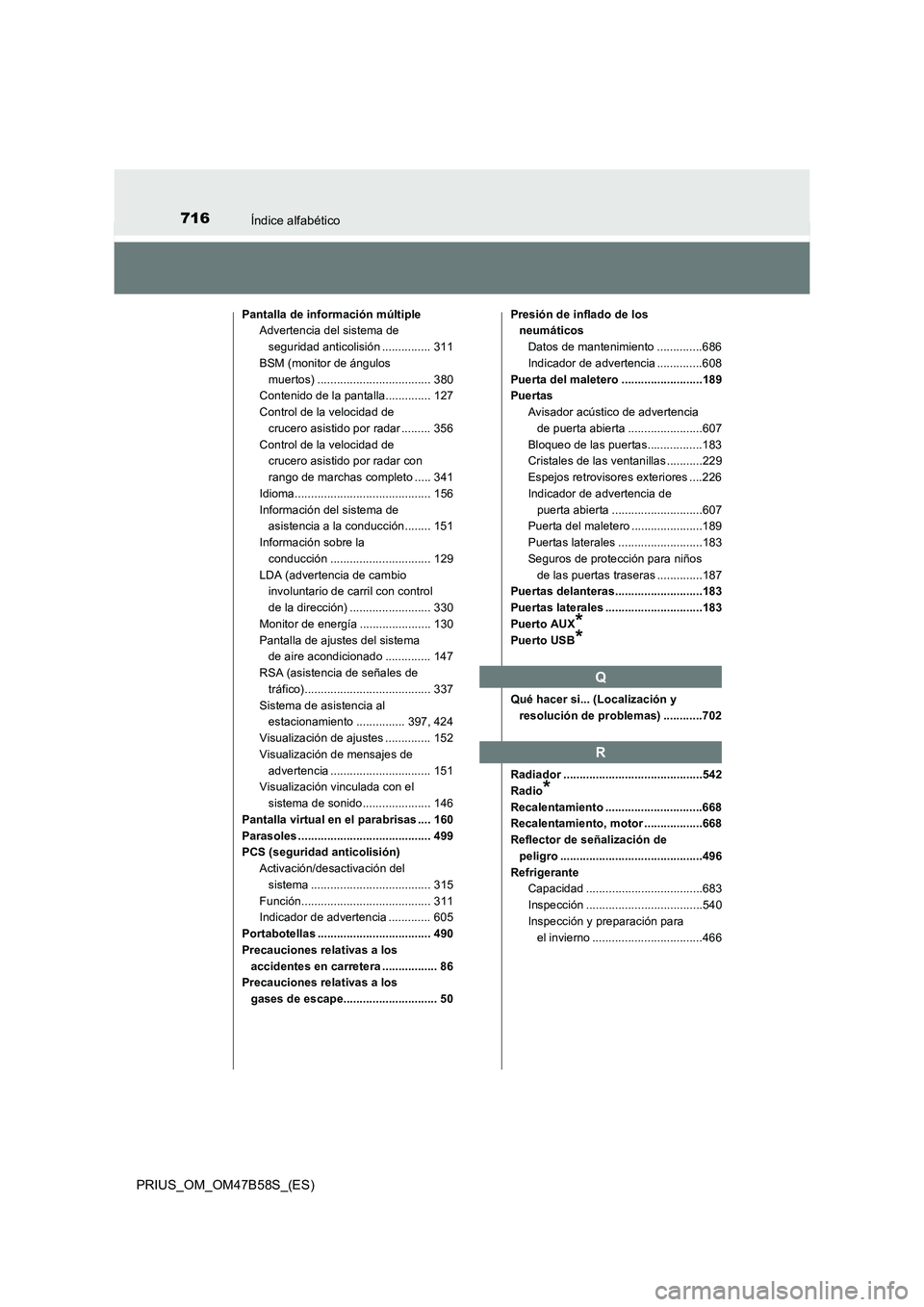 TOYOTA PRIUS 2017 Manual del propietario (in Spanish) 716Índice alfabético
PRIUS_OM_OM47B58S_(ES)
Pantalla de información múltipleAdvertencia del sistema de
seguridad anticolisión ............... 311
BSM (monitor de ángulos
muertos) ............. TOYOTA PRIUS 2017 Manual del propietario (in Spanish) 716Índice alfabético
PRIUS_OM_OM47B58S_(ES)
Pantalla de información múltipleAdvertencia del sistema de
seguridad anticolisión ............... 311
BSM (monitor de ángulos
muertos) .............