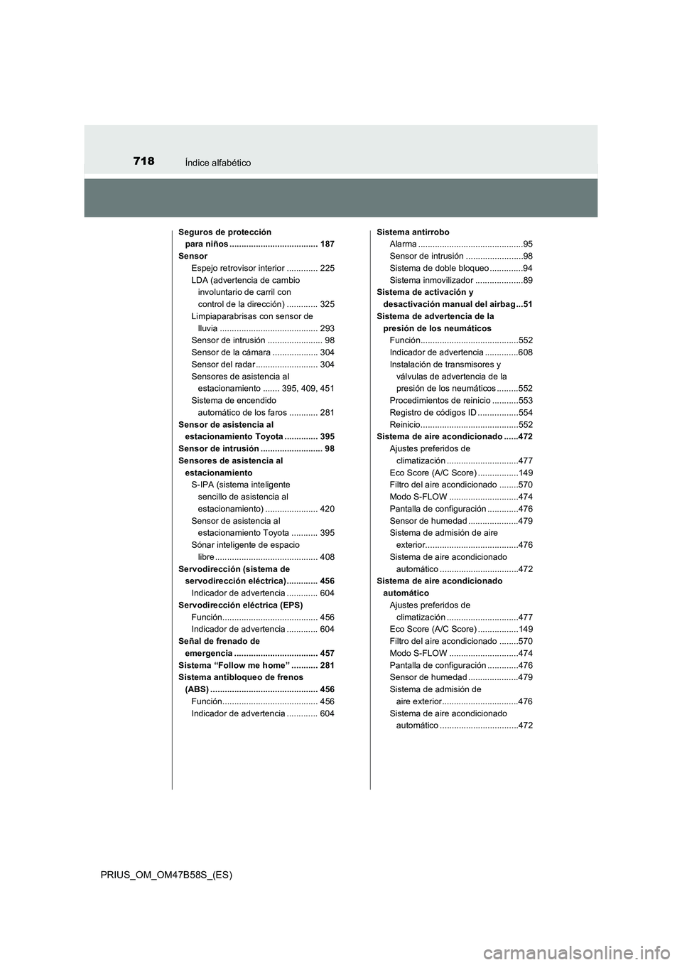 TOYOTA PRIUS 2017 Manual del propietario (in Spanish) 718Índice alfabético
PRIUS_OM_OM47B58S_(ES)
Seguros de protección para niños ..................................... 187
Sensor Espejo retrovisor interior ............. 225
LDA (advertencia de cambi TOYOTA PRIUS 2017 Manual del propietario (in Spanish) 718Índice alfabético
PRIUS_OM_OM47B58S_(ES)
Seguros de protección para niños ..................................... 187
Sensor Espejo retrovisor interior ............. 225
LDA (advertencia de cambi