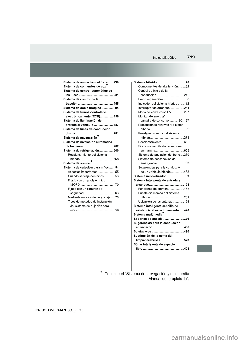 TOYOTA PRIUS 2017 Manual del propietario (in Spanish) 719Índice alfabético
PRIUS_OM_OM47B58S_(ES)
Sistema de anulación del freno ..... 239
Sistema de comandos de voz
*
Sistema de control automático de las luces ....................................... TOYOTA PRIUS 2017 Manual del propietario (in Spanish) 719Índice alfabético
PRIUS_OM_OM47B58S_(ES)
Sistema de anulación del freno ..... 239
Sistema de comandos de voz
*
Sistema de control automático de las luces .......................................