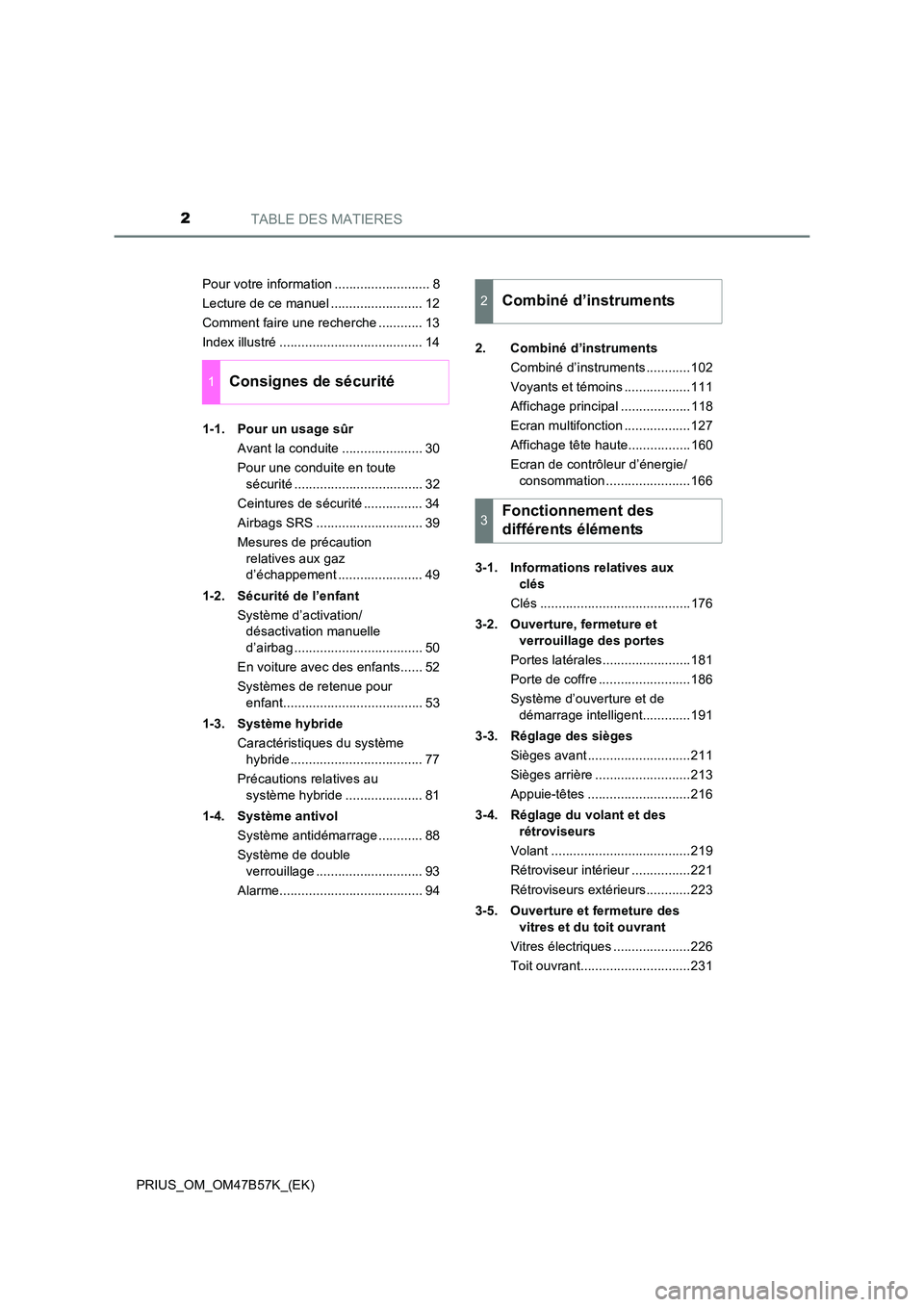 TOYOTA PRIUS 2017  Manuel du propriétaire (in French) TABLE DES MATIERES2
PRIUS_OM_OM47B57K_(EK)Pour votre information .......................... 8
Lecture de ce manuel ......................... 12
Comment faire une recherche ............ 13
Index illust