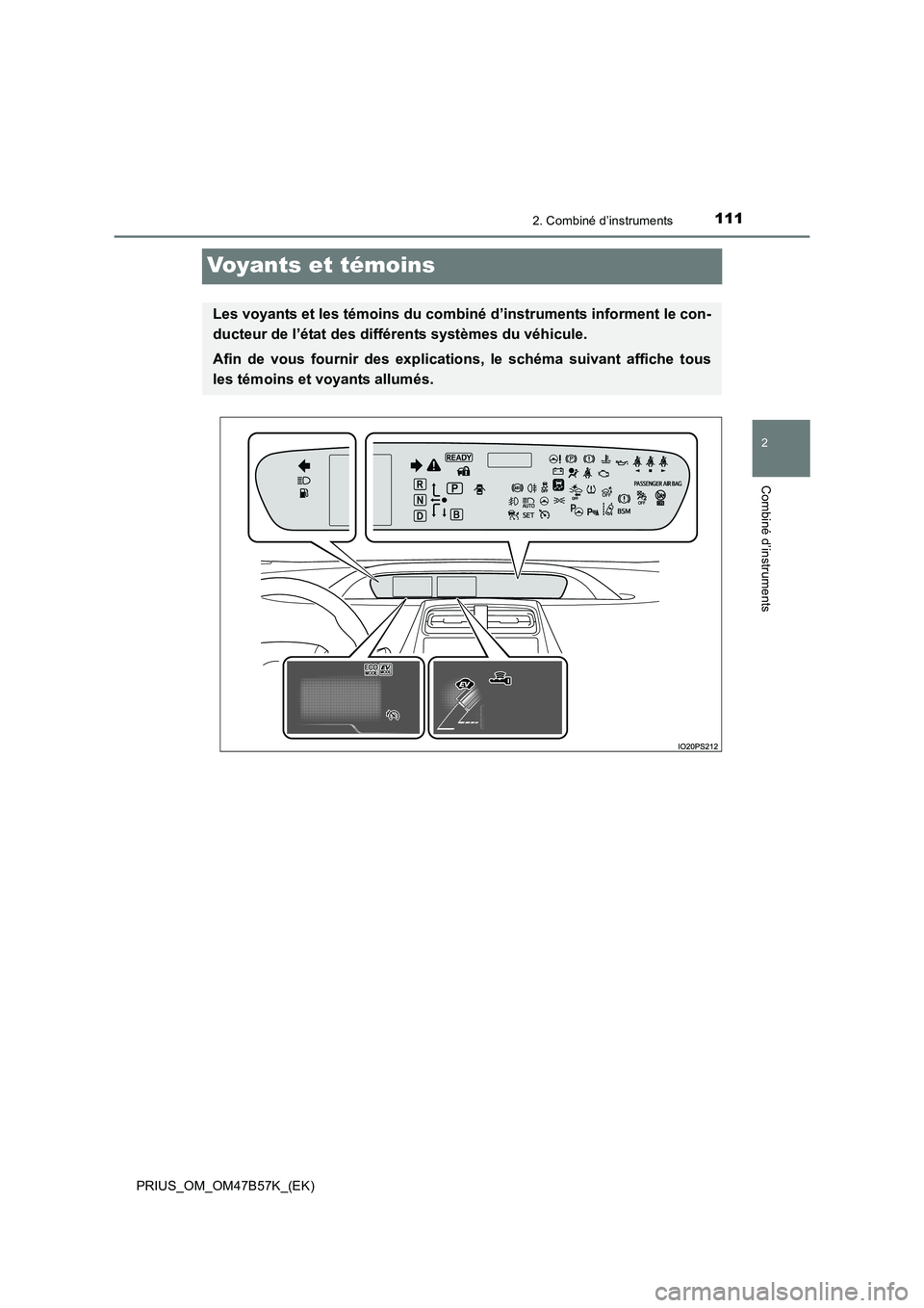 TOYOTA PRIUS 2017 Manuel du propriétaire (in French) 111
2
2. Combiné d’instruments
Combiné d’instruments
PRIUS_OM_OM47B57K_(EK)
Voyants et témoins
Les voyants et les témoins du combiné d’instruments informent le con-
ducteur de l’état des TOYOTA PRIUS 2017 Manuel du propriétaire (in French) 111
2
2. Combiné d’instruments
Combiné d’instruments
PRIUS_OM_OM47B57K_(EK)
Voyants et témoins
Les voyants et les témoins du combiné d’instruments informent le con-
ducteur de l’état des