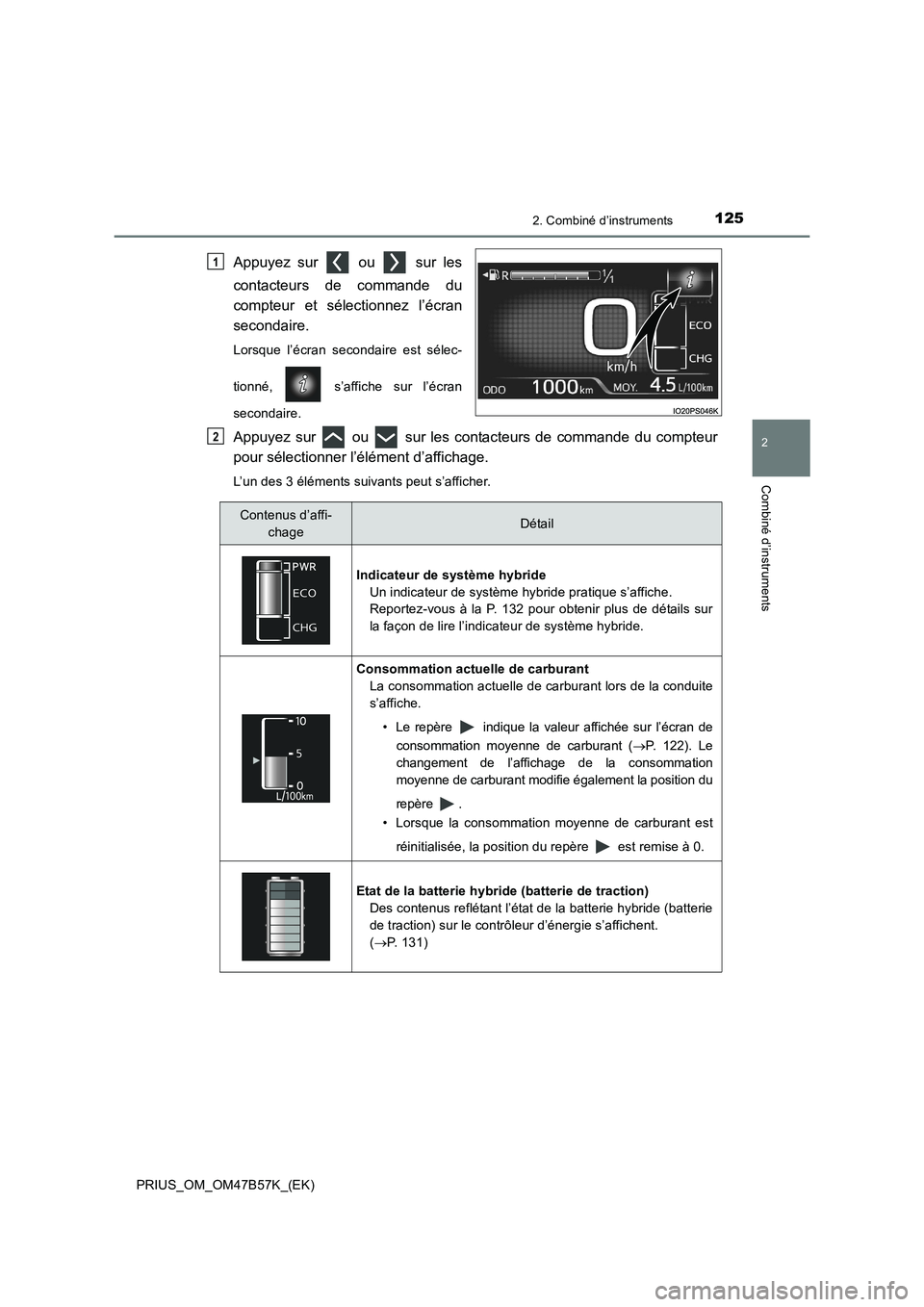 TOYOTA PRIUS 2017 Manuel du propriétaire (in French) 1252. Combiné d’instruments
2
Combiné d’instruments
PRIUS_OM_OM47B57K_(EK)
Appuyez sur ou sur les
contacteurs de commande du
compteur et sélectionnez l’écran
secondaire.
Lorsque l’écr TOYOTA PRIUS 2017 Manuel du propriétaire (in French) 1252. Combiné d’instruments
2
Combiné d’instruments
PRIUS_OM_OM47B57K_(EK)
Appuyez sur ou sur les
contacteurs de commande du
compteur et sélectionnez l’écran
secondaire.
Lorsque l’écr