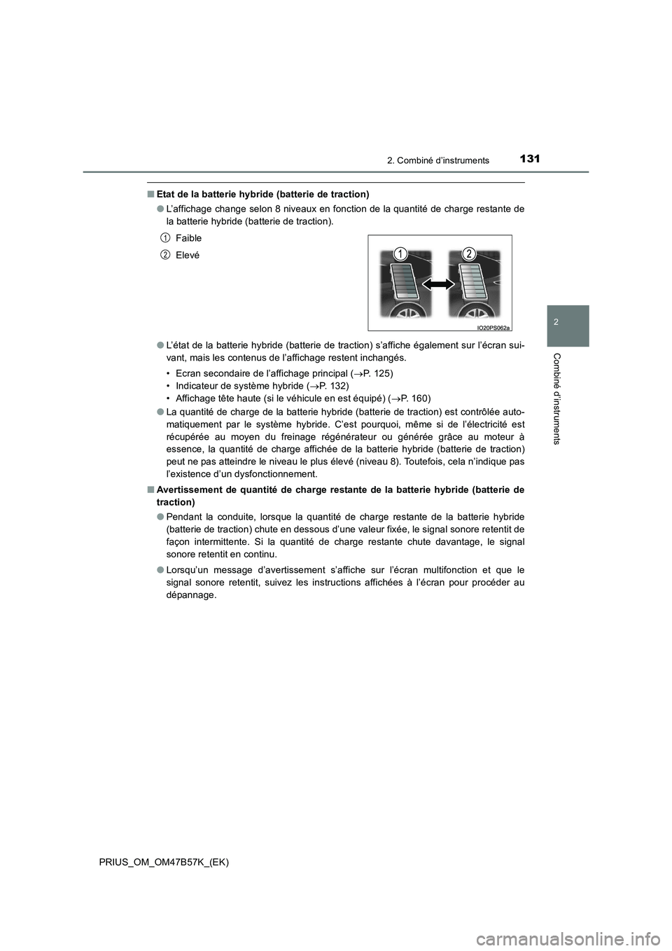 TOYOTA PRIUS 2017  Manuel du propriétaire (in French) 1312. Combiné d’instruments
2
Combiné d’instruments
PRIUS_OM_OM47B57K_(EK)
■Etat de la batterie hybride (batterie de traction)
●L’affichage change selon 8 niveaux en fonction de la quantit