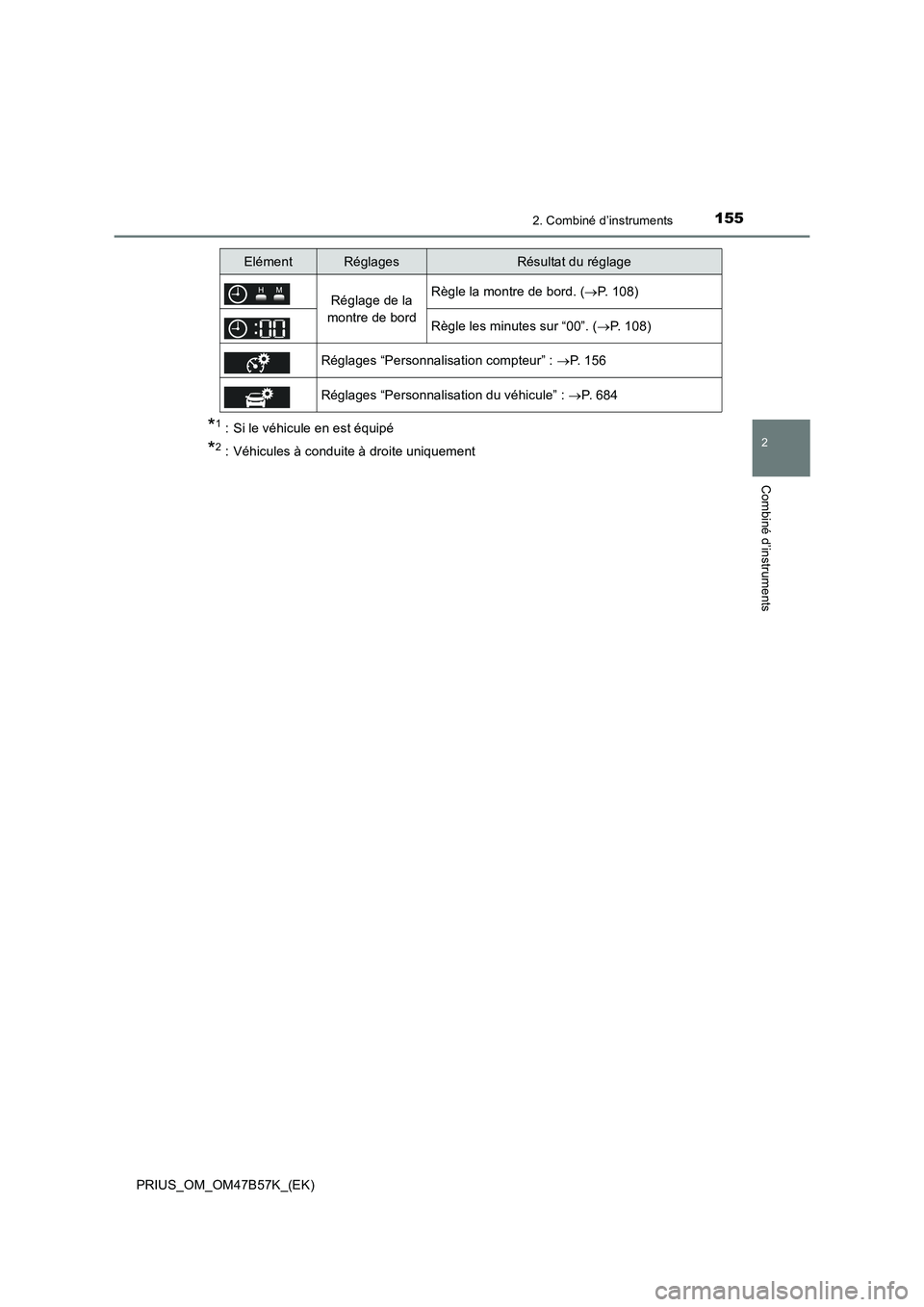 TOYOTA PRIUS 2017 Manuel du propriétaire (in French) 1552. Combiné d’instruments
2
Combiné d’instruments
PRIUS_OM_OM47B57K_(EK)
*1 : Si le véhicule en est équipé
*2 : Véhicules à conduite à droite uniquement
Réglage de la
montre de bordRè TOYOTA PRIUS 2017 Manuel du propriétaire (in French) 1552. Combiné d’instruments
2
Combiné d’instruments
PRIUS_OM_OM47B57K_(EK)
*1 : Si le véhicule en est équipé
*2 : Véhicules à conduite à droite uniquement
Réglage de la
montre de bordRè