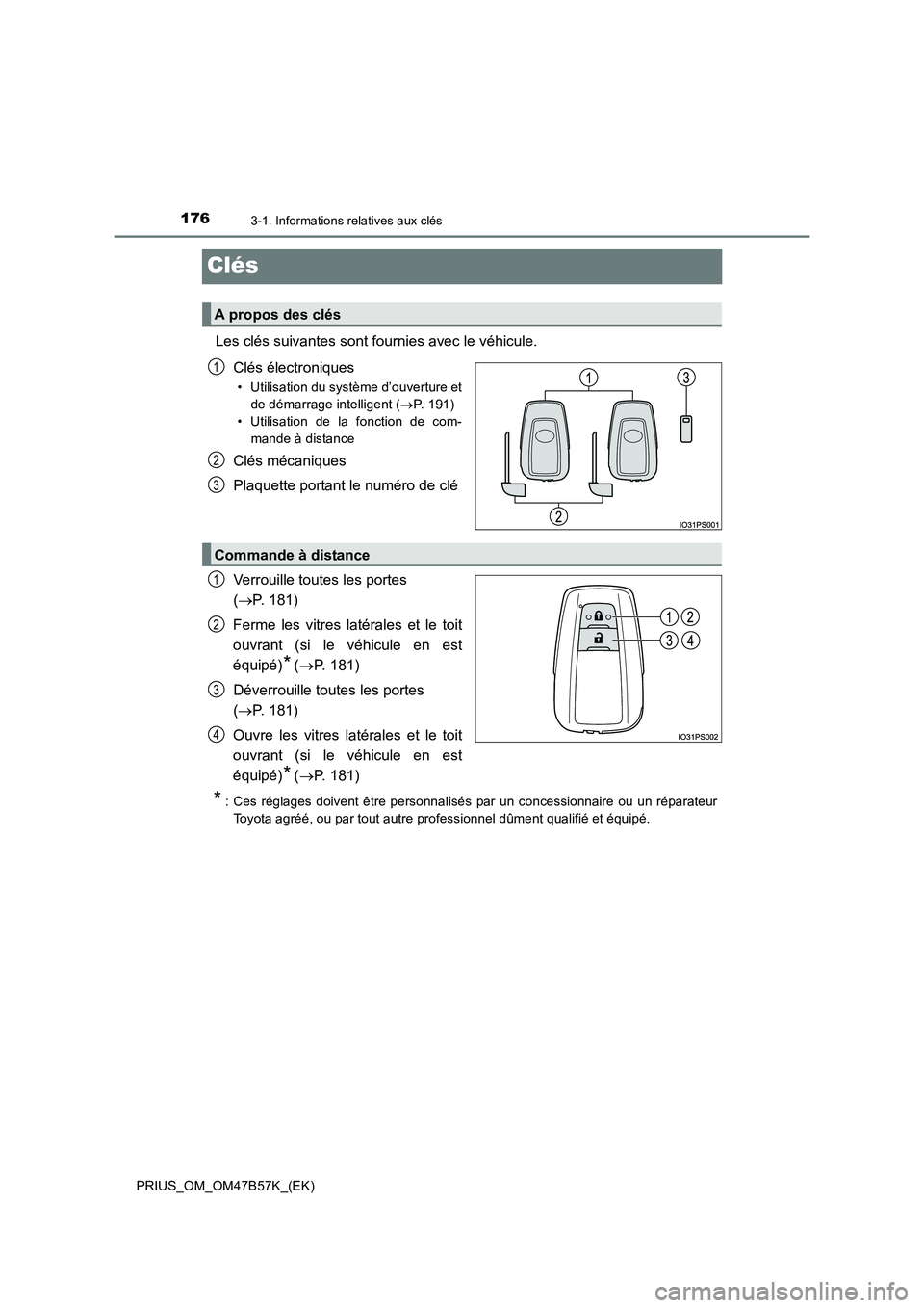 TOYOTA PRIUS 2017  Manuel du propriétaire (in French) 1763-1. Informations relatives aux clés
PRIUS_OM_OM47B57K_(EK)
Clés
Les clés suivantes sont fournies avec le véhicule.Clés électroniques
• Utilisation du système d’ouverture etde démarrage