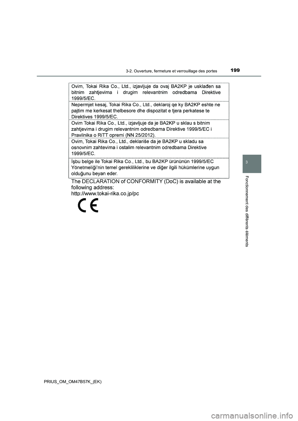 TOYOTA PRIUS 2017  Manuel du propriétaire (in French) 1993-2. Ouverture, fermeture et verrouillage des portes
3
Fonctionnement des différents éléments
PRIUS_OM_OM47B57K_(EK) 