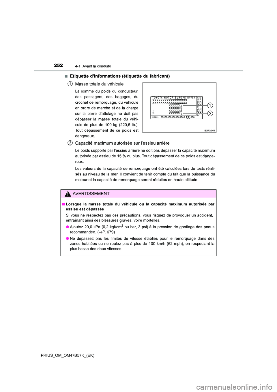 TOYOTA PRIUS 2017  Manuel du propriétaire (in French) 2524-1. Avant la conduite
PRIUS_OM_OM47B57K_(EK)■
Etiquette d’informations (étiquette du fabricant)
Masse totale du véhicule
La somme du poids du conducteur,
des passagers, des bagages, du
croch